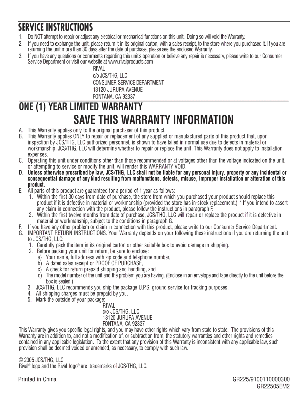 Rival GR225 manual Save this Warranty Information, Service Instructions 