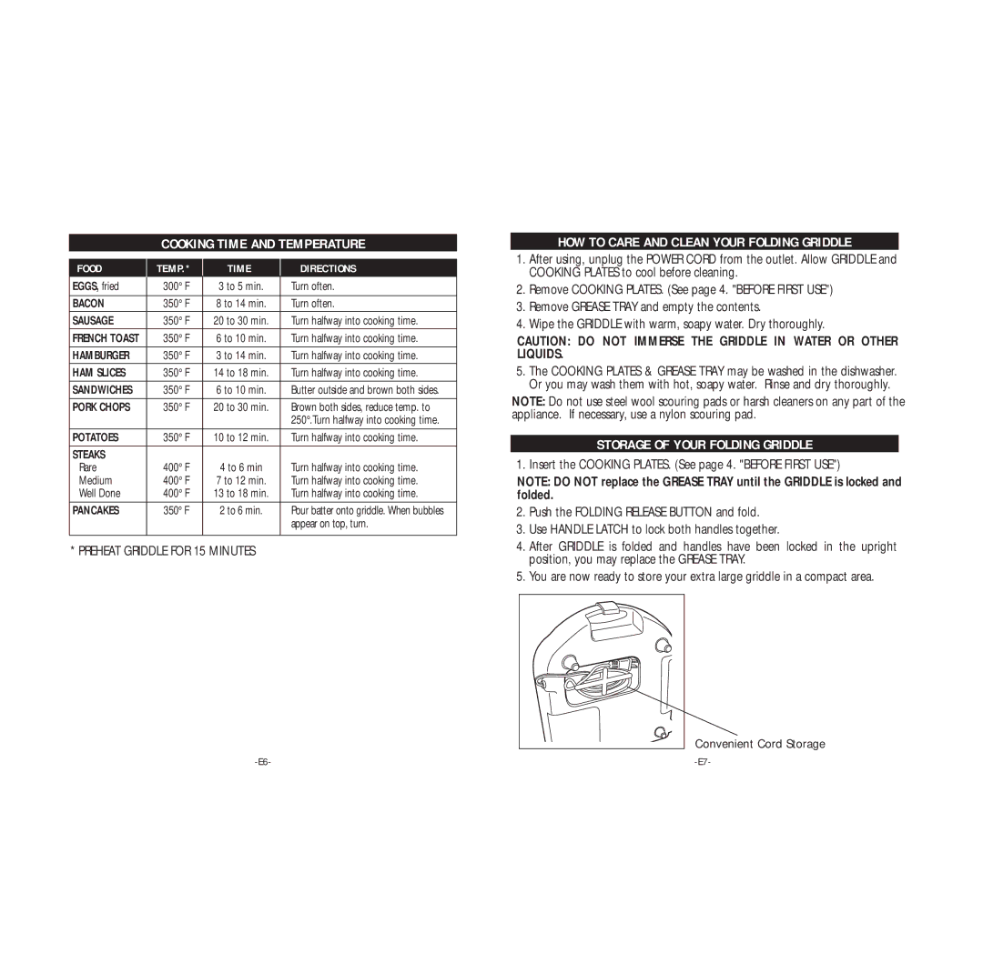 Rival GRF400 Cooking Time and Temperature, HOW to Care and Clean Your Folding Griddle, Storage of Your Folding Griddle 