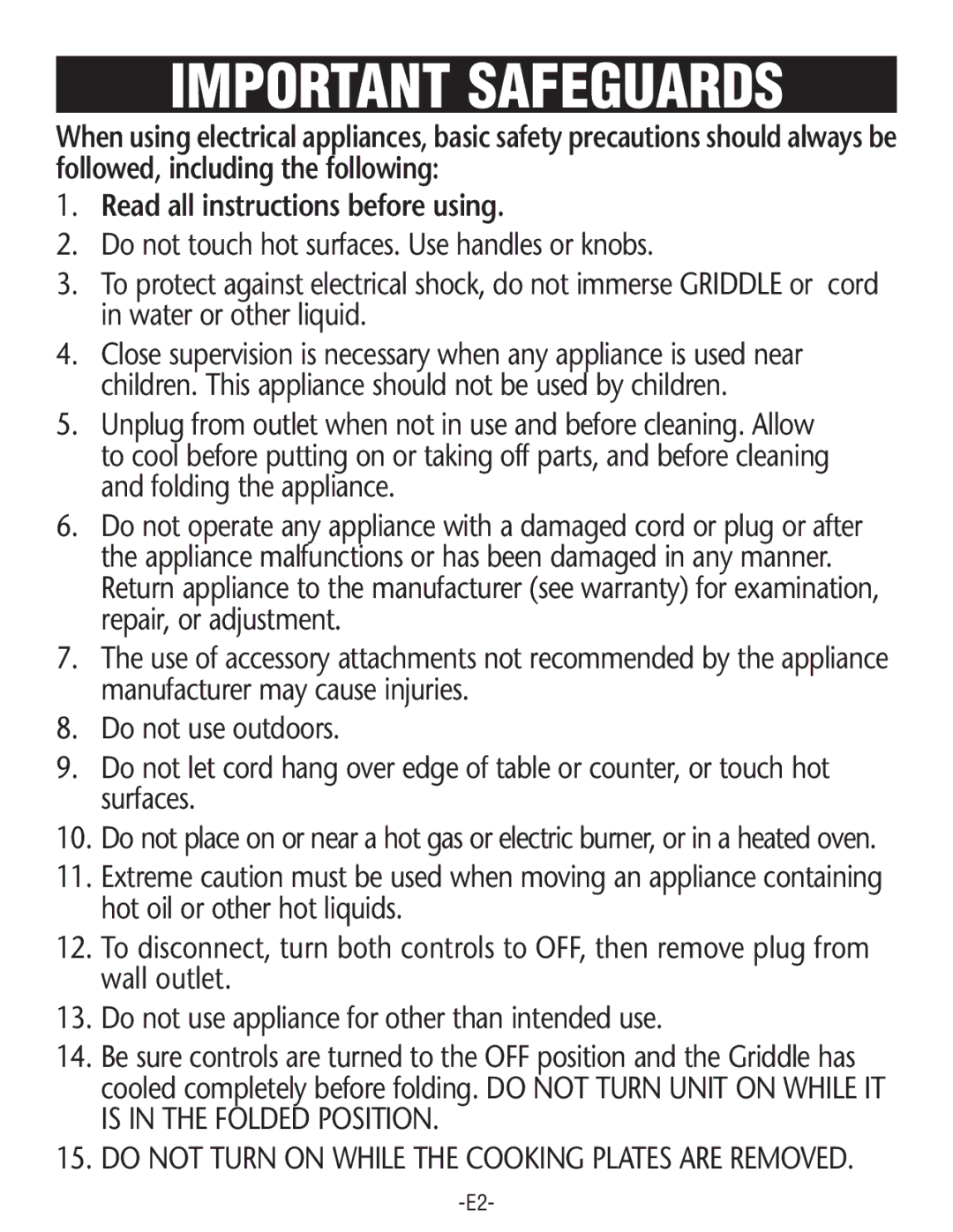 Rival GRF405M manual Important Safeguards 