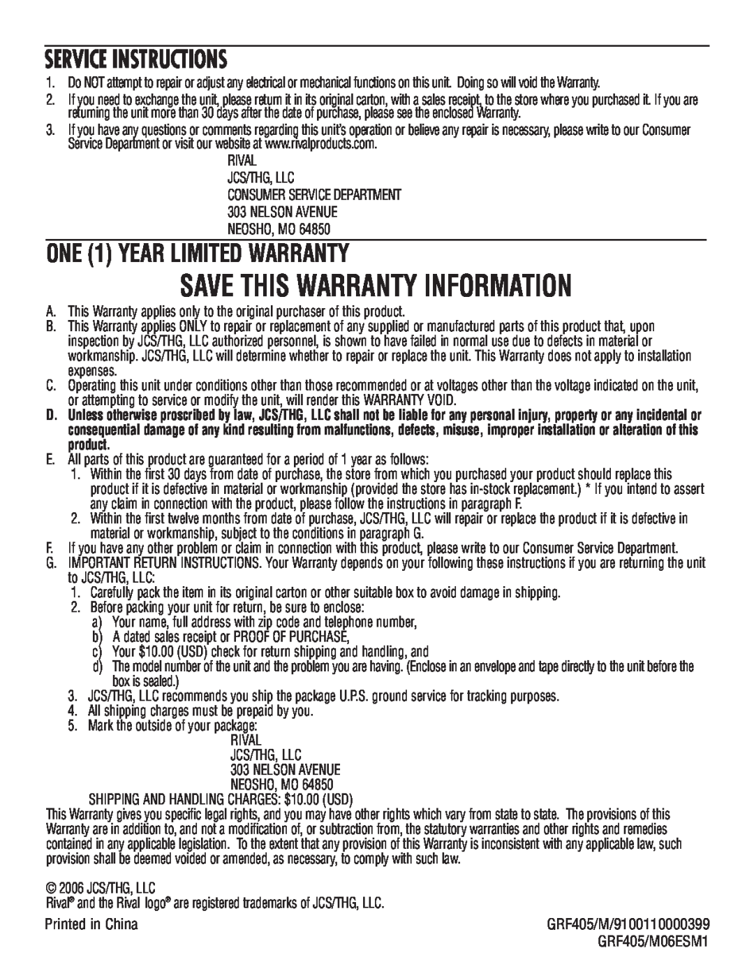 Rival GRF405M manual Service Instructions, ONE 1 YEAR LIMITED WARRANTY, Save This Warranty Information 