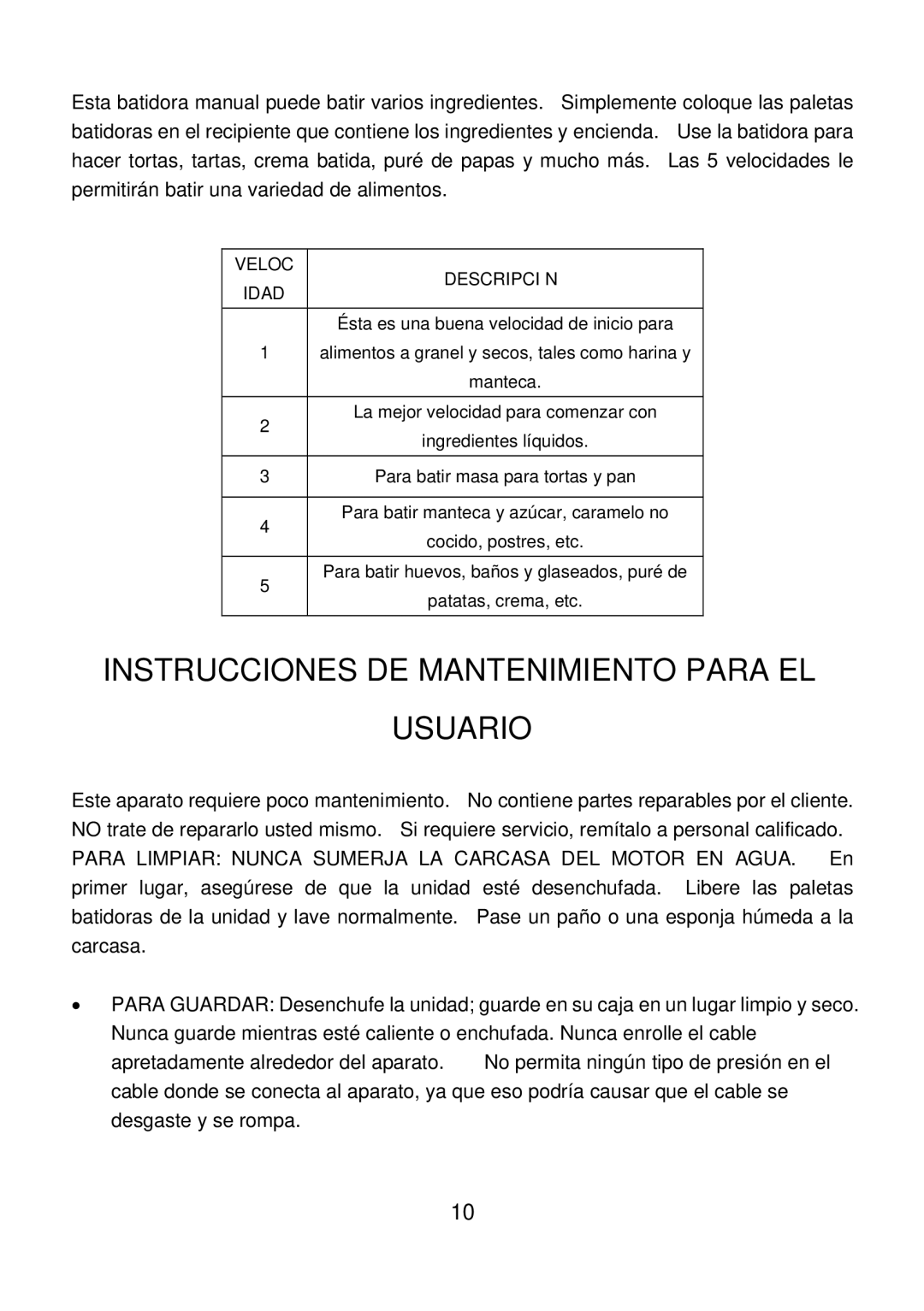 Rival HM-708 manual Instrucciones DE Mantenimiento Para EL Usuario, Veloc Idad Descripción 