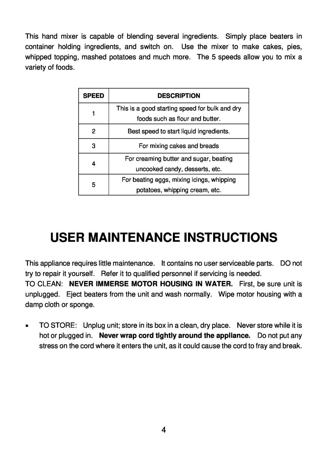 Rival HM-708 manual User Maintenance Instructions, Speed, Description 