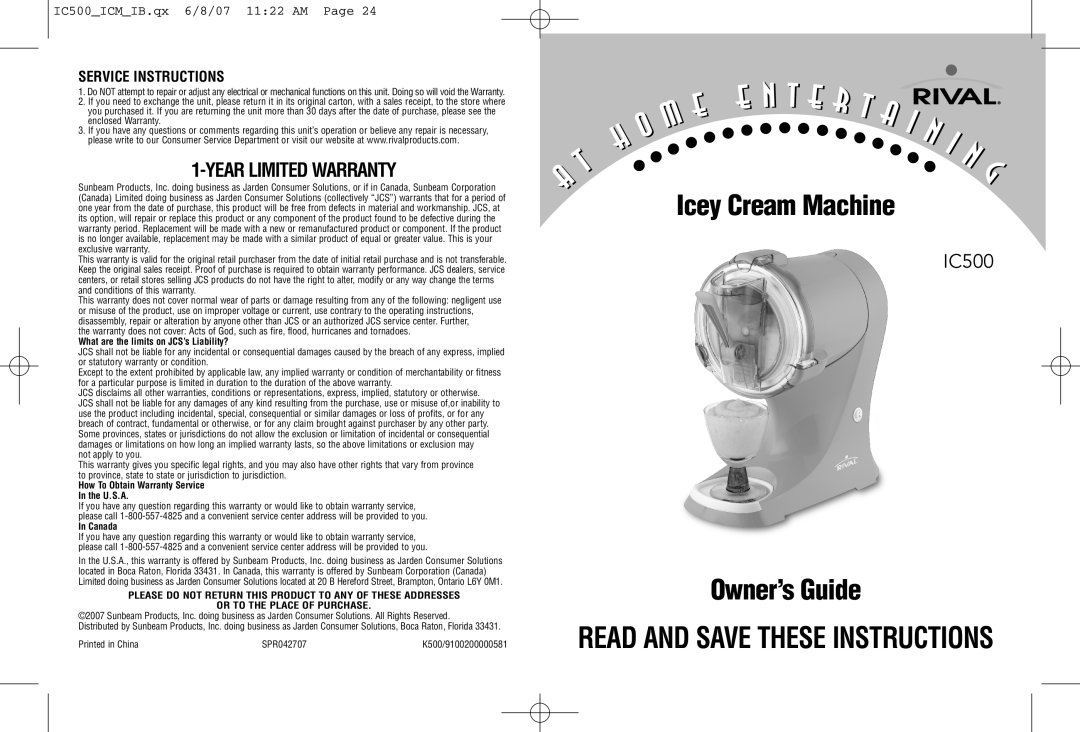 Rival IC500 warranty Icey Cream Machine 