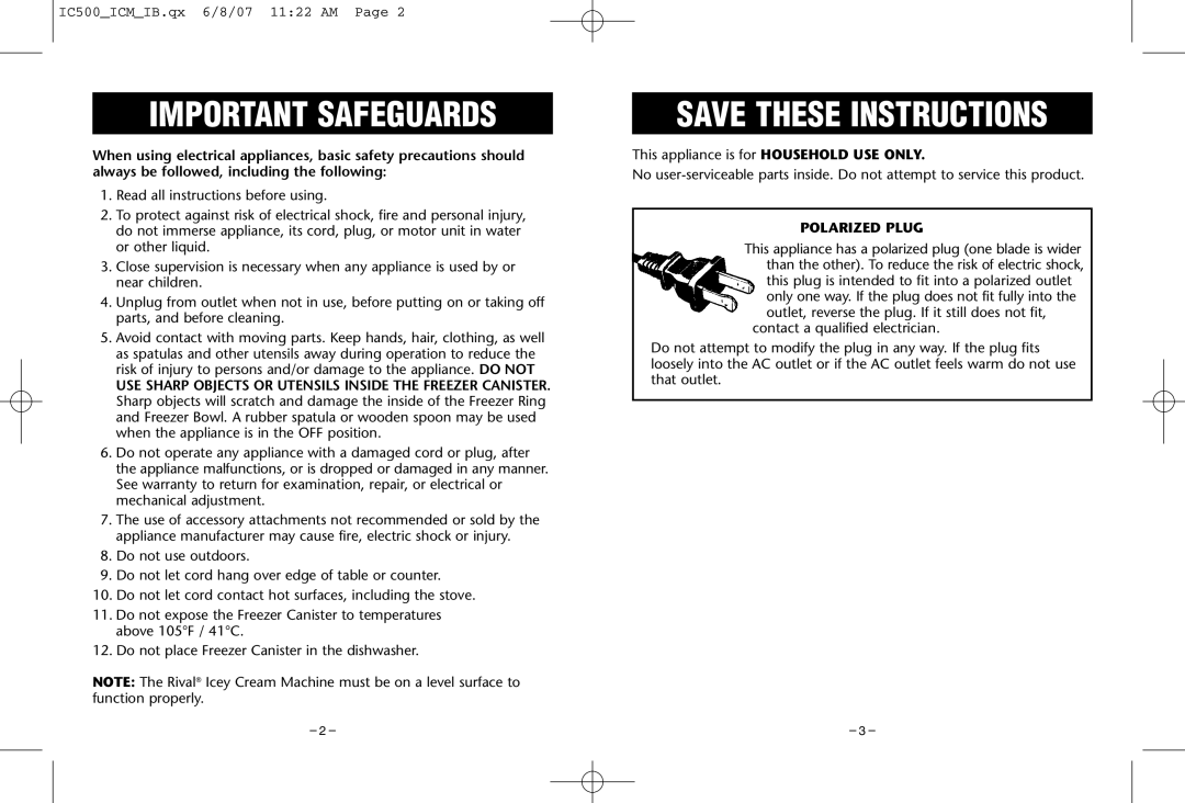 Rival IC500 warranty Important Safeguards 