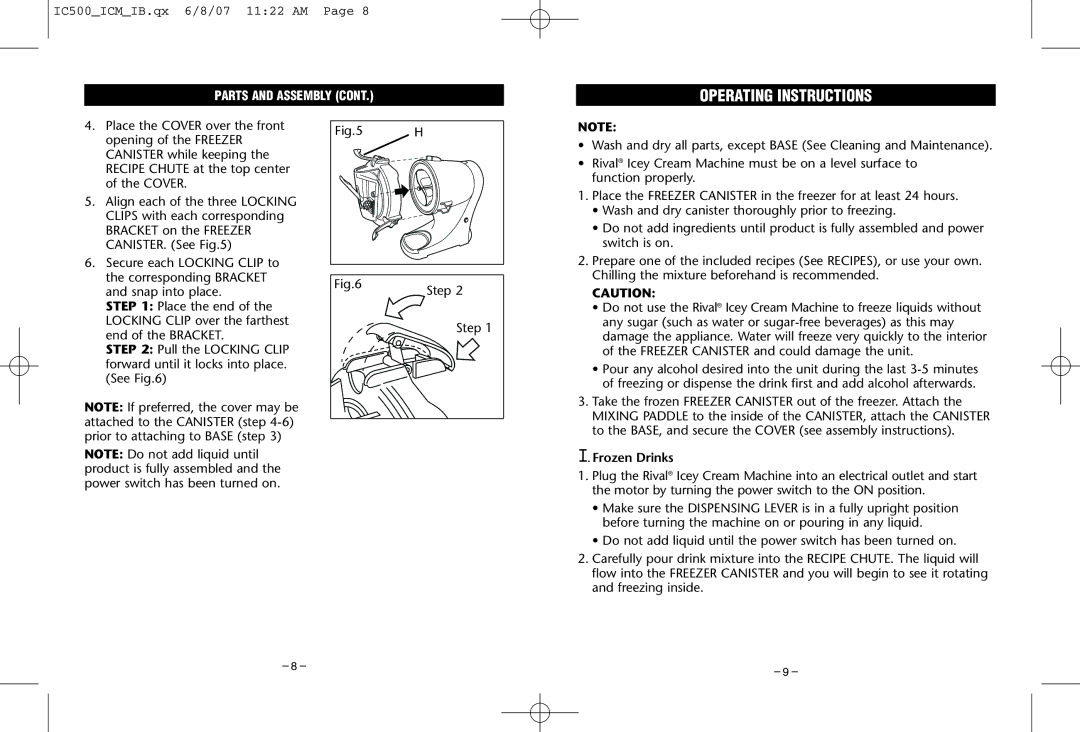 Rival IC500 warranty Operating Instructions, Frozen Drinks 