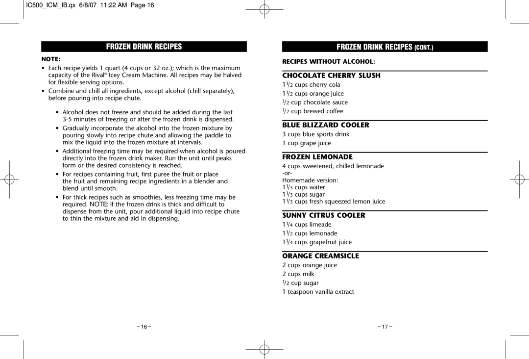 Rival IC500 warranty Frozen Drink Recipes 