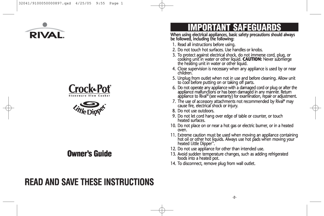 Rival Little Dipper warranty Important Safeguards, Owner’s Guide, Read And Save These Instructions 