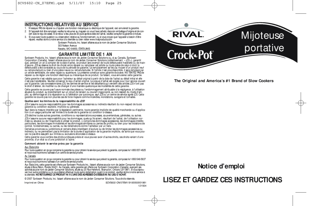 Rival Portable Slow Cooker warranty Instructions Relatives AU Service, Garantie Limitée DE 1 AN 