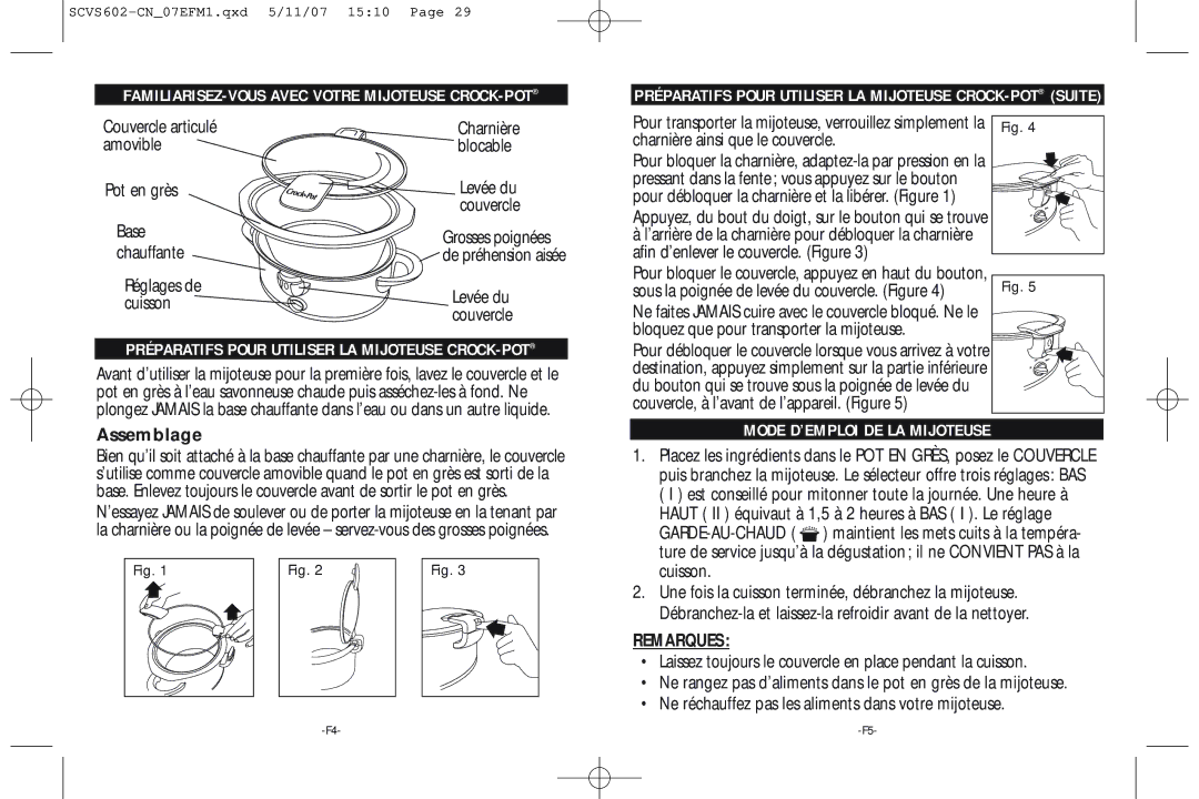 Rival Portable Slow Cooker FAMILIARISEZ-VOUS Avec Votre Mijoteuse CROCK-POT, Mode D’EMPLOI DE LA Mijoteuse, Remarques 