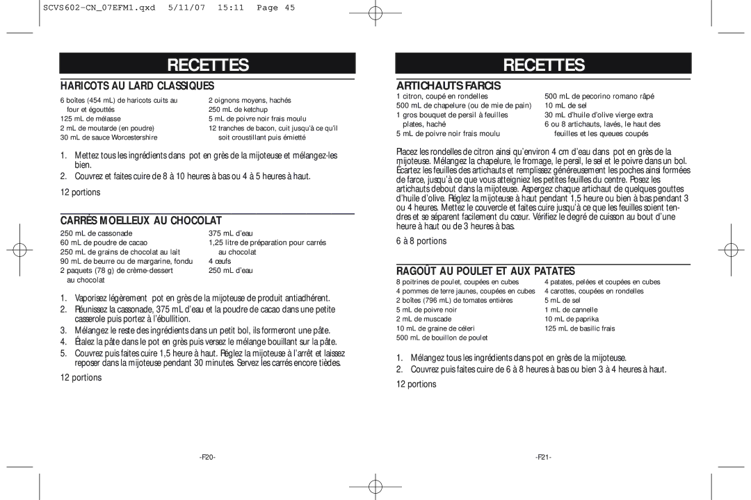 Rival Portable Slow Cooker warranty Haricots AU Lard Classiques, Carrés Moelleux AU Chocolat, Artichauts Farcis 