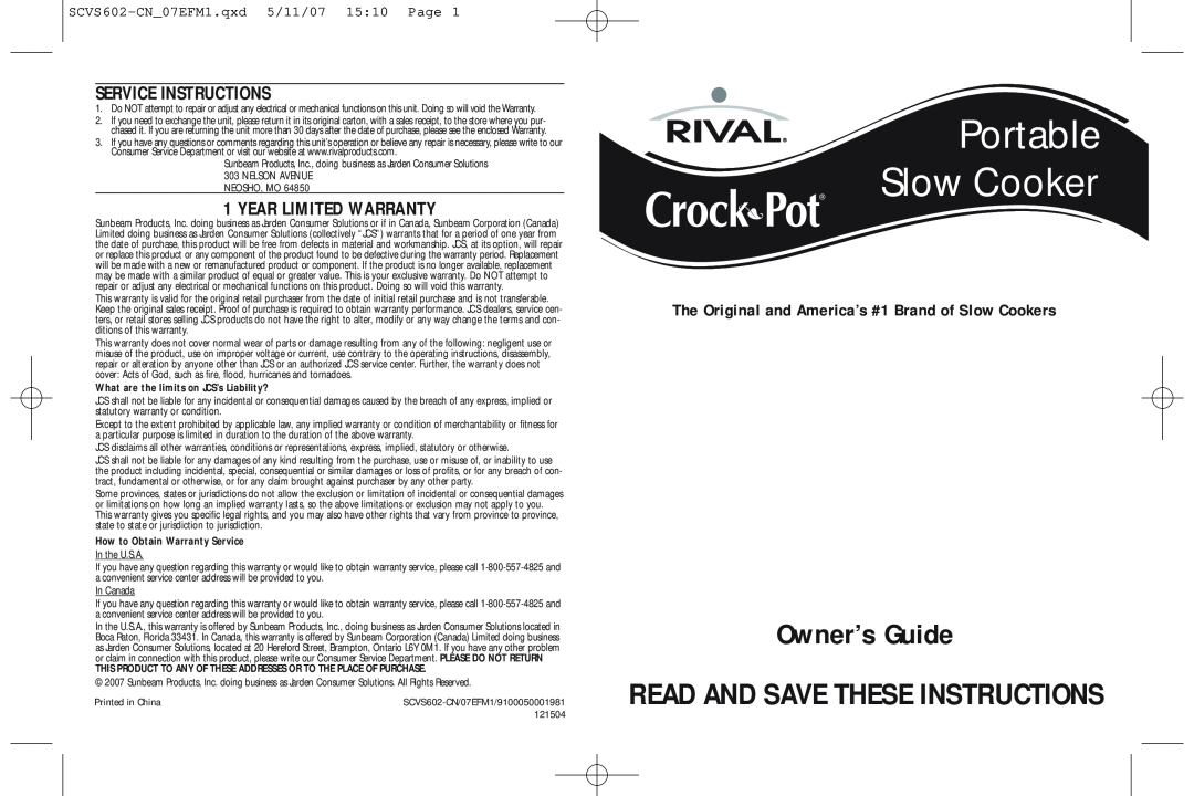 Rival Portable Slow Cooker warranty Service Instructions, Year Limited Warranty, Owner’s Guide 