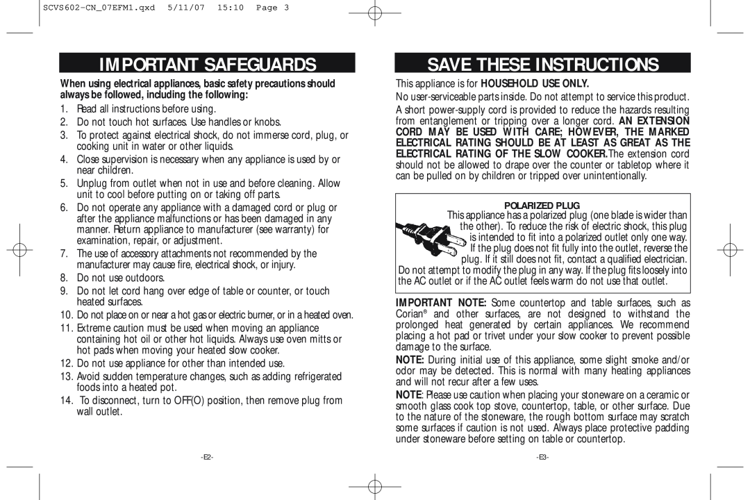 Rival Portable Slow Cooker warranty Important Safeguards, Save These Instructions, Polarized Plug 