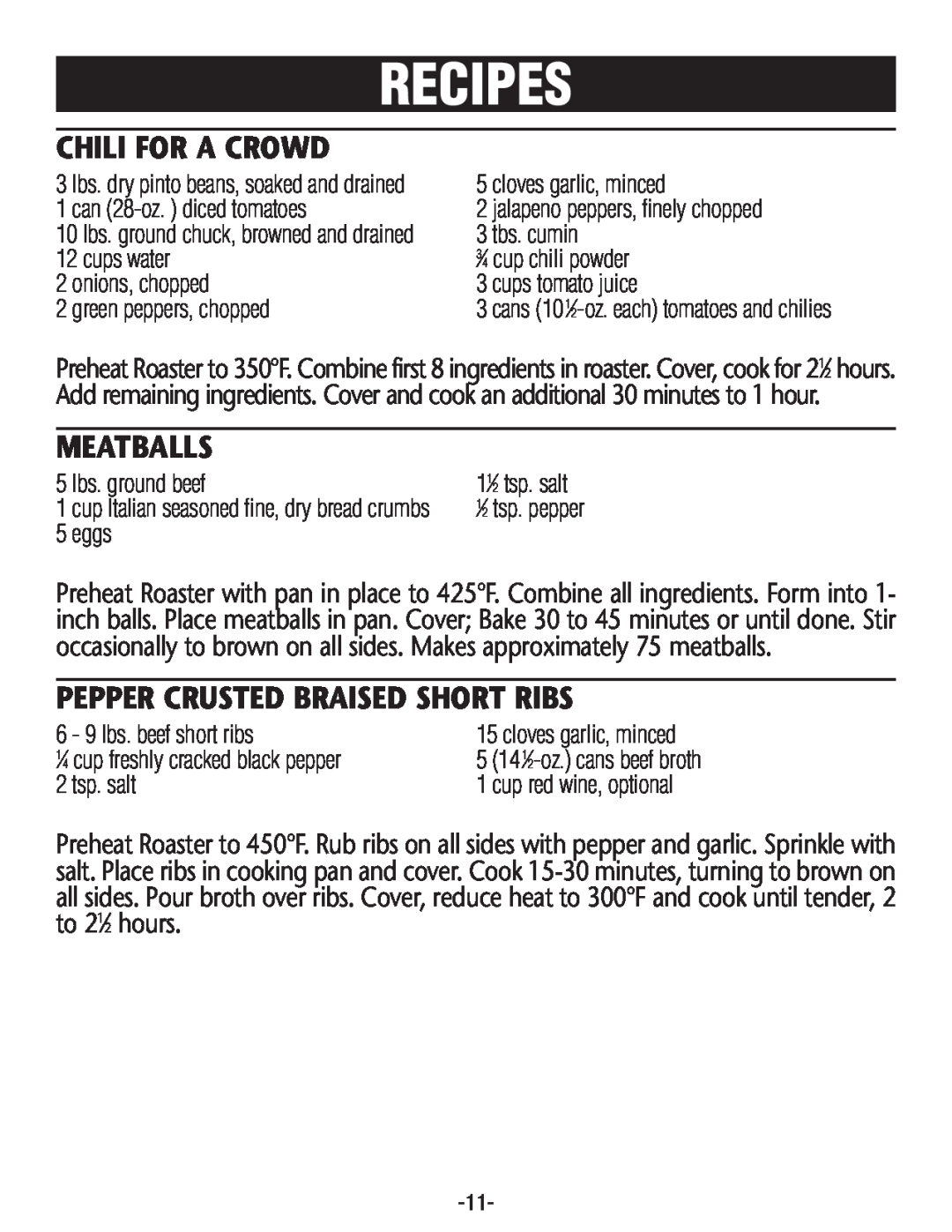 Rival R0180BR-C, R0188BR manual Chili For A Crowd, Meatballs, Pepper Crusted Braised Short Ribs, Recipes 