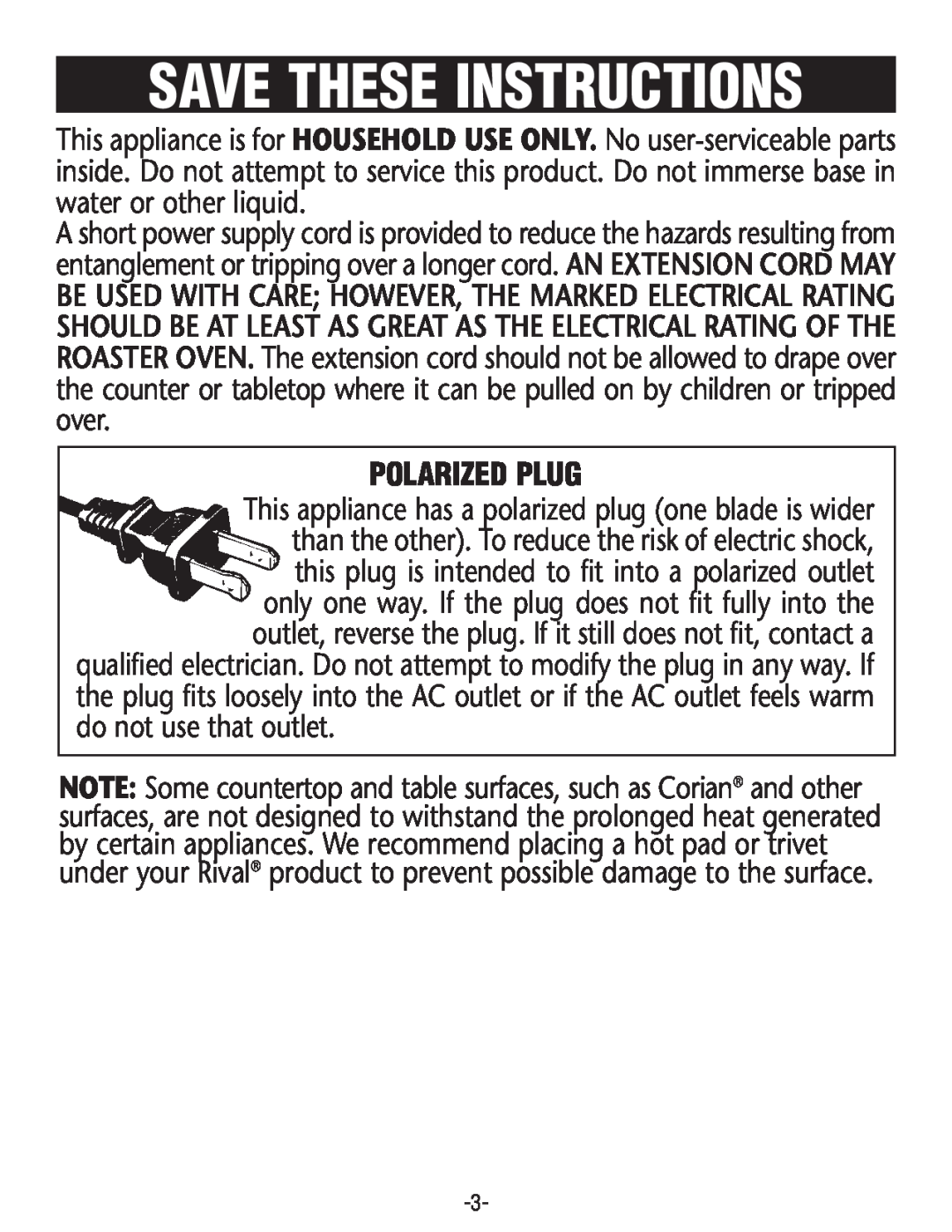 Rival R0180BR-C, R0188BR manual Save These Instructions, Polarized Plug 