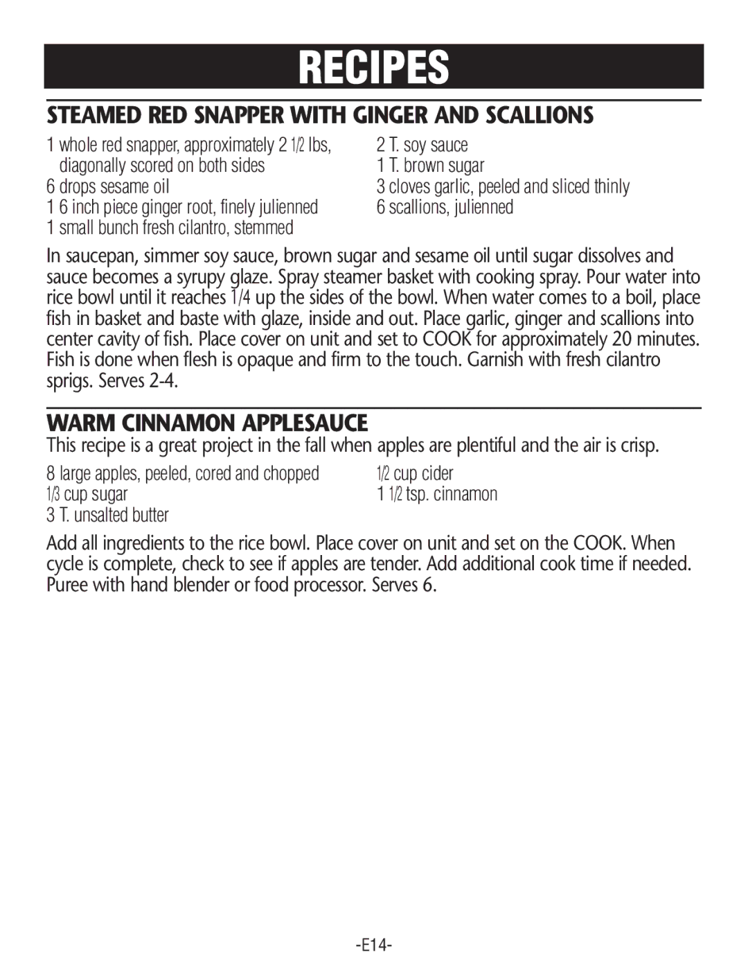 Rival RC100, RC101 manual Steamed RED Snapperwith Ginger and Scallions, Warmcinnamon Applesauce 
