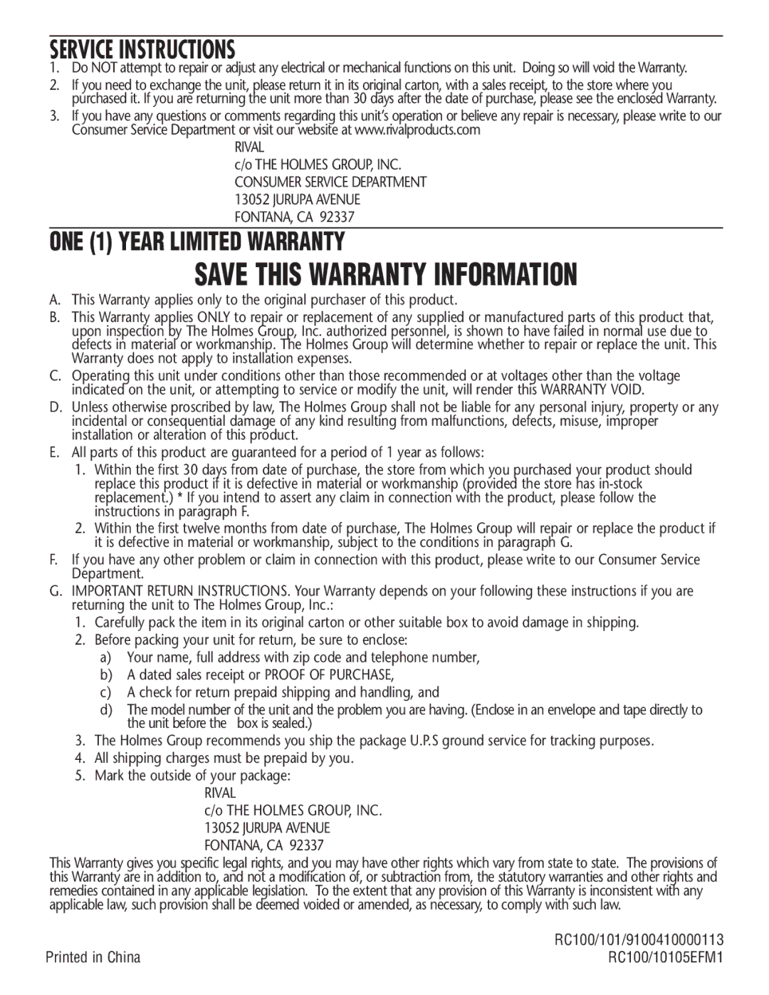 Rival RC100, RC101 manual Save this Warranty Information, Service Instructions 