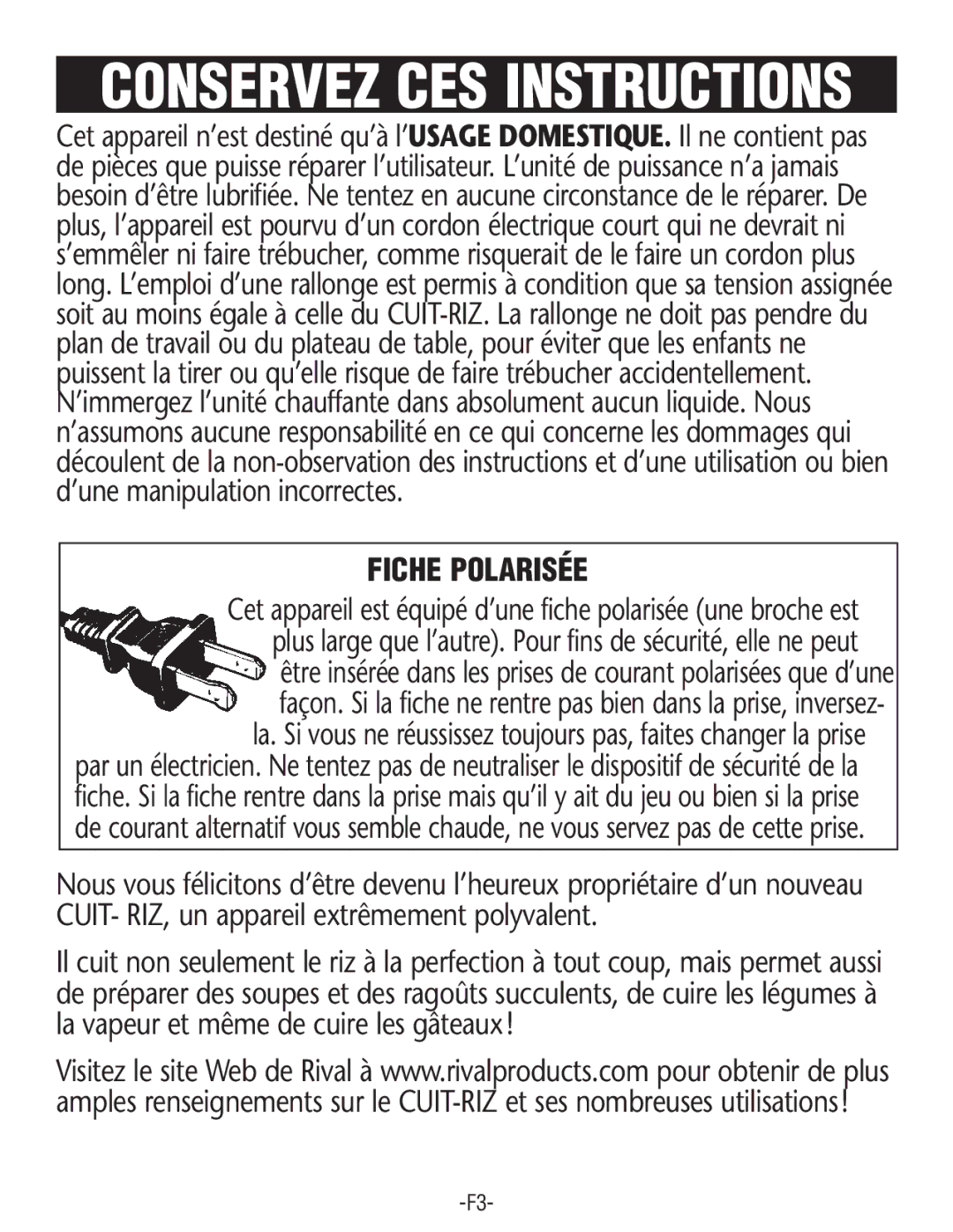 Rival RC101, RC100 manual Conservez CES Instructions 