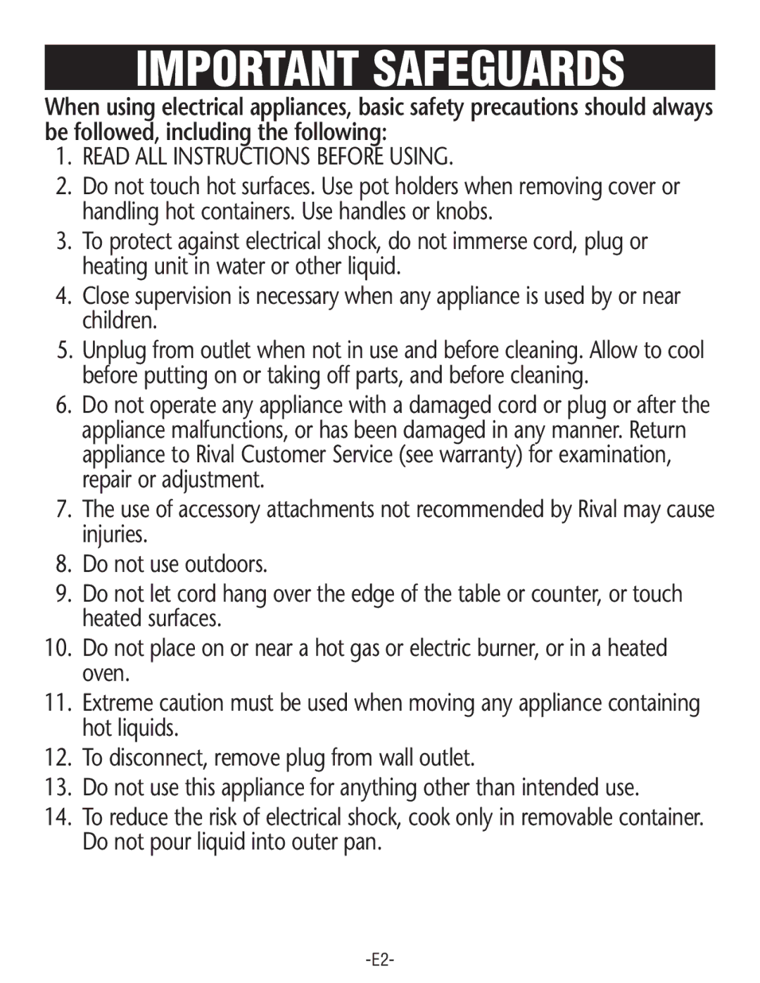 Rival RC100, RC101 manual Important Safeguards 