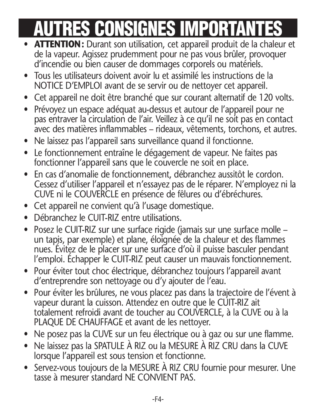 Rival RC100, RC101 manual Autres Consignes Importantes 