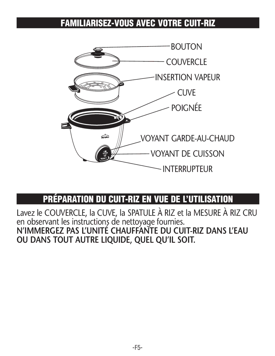 Rival RC101, RC100 manual FAMILIARISEZ-VOUS Avec Votre CUIT-RIZ, Préparation DU CUIT-RIZ EN VUE DE L’UTILISATION 