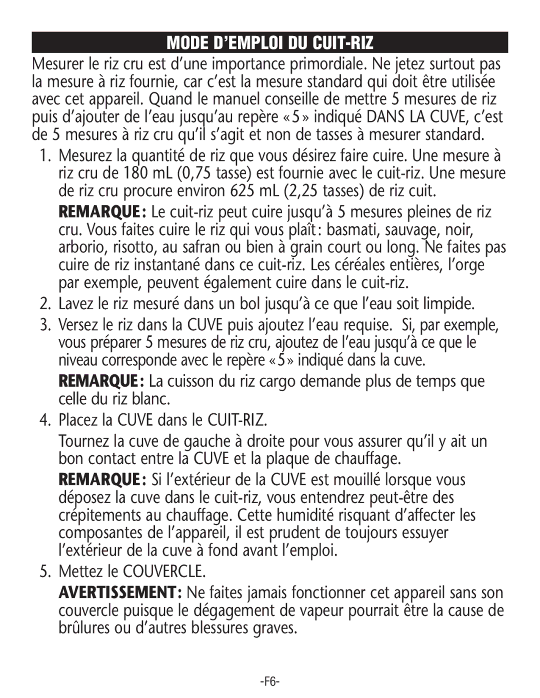 Rival RC100, RC101 manual Mode D’EMPLOI DU CUIT-RIZ, Mettez le Couvercle 