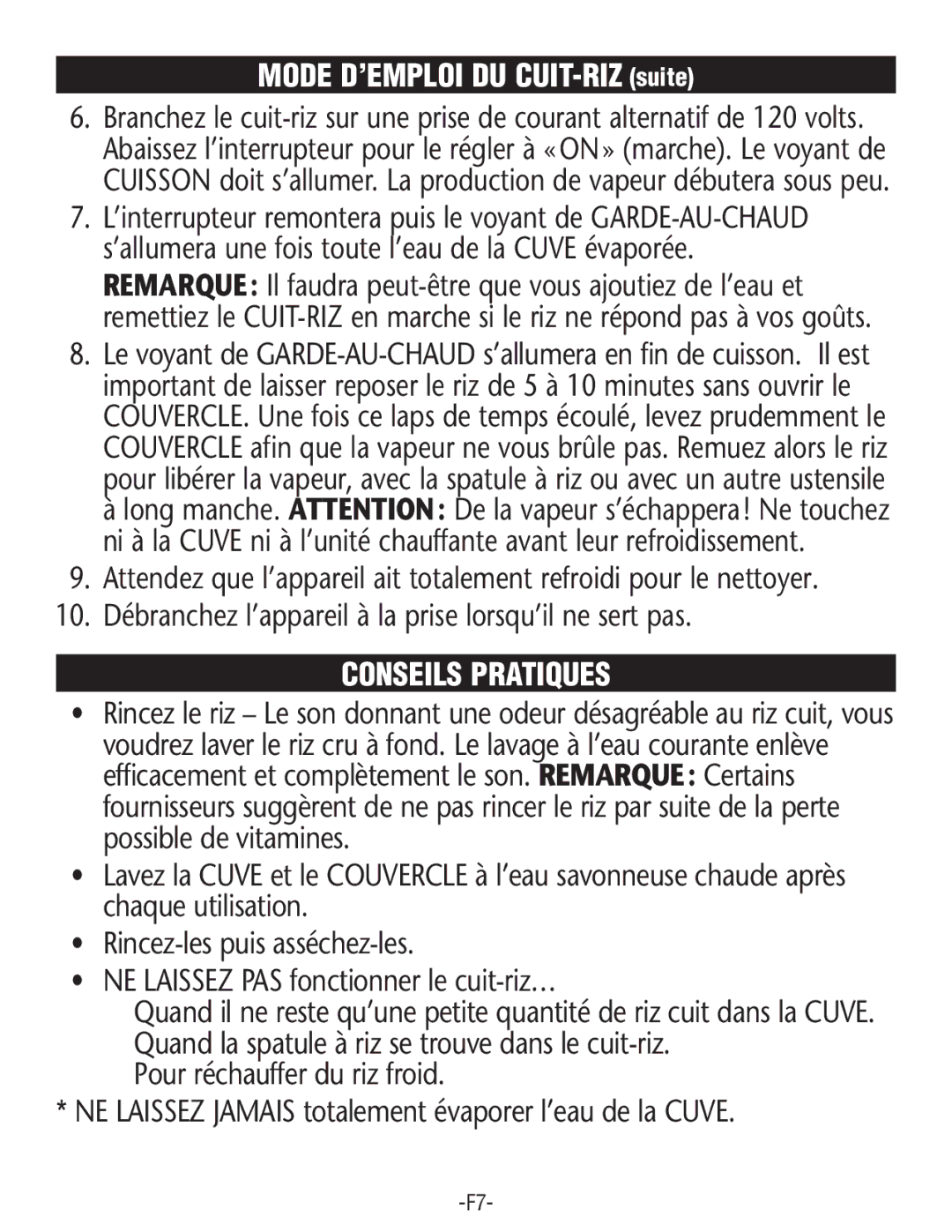 Rival RC101, RC100 manual Mode D’EMPLOI DU CUIT-RIZ suite, Conseils Pratiques 