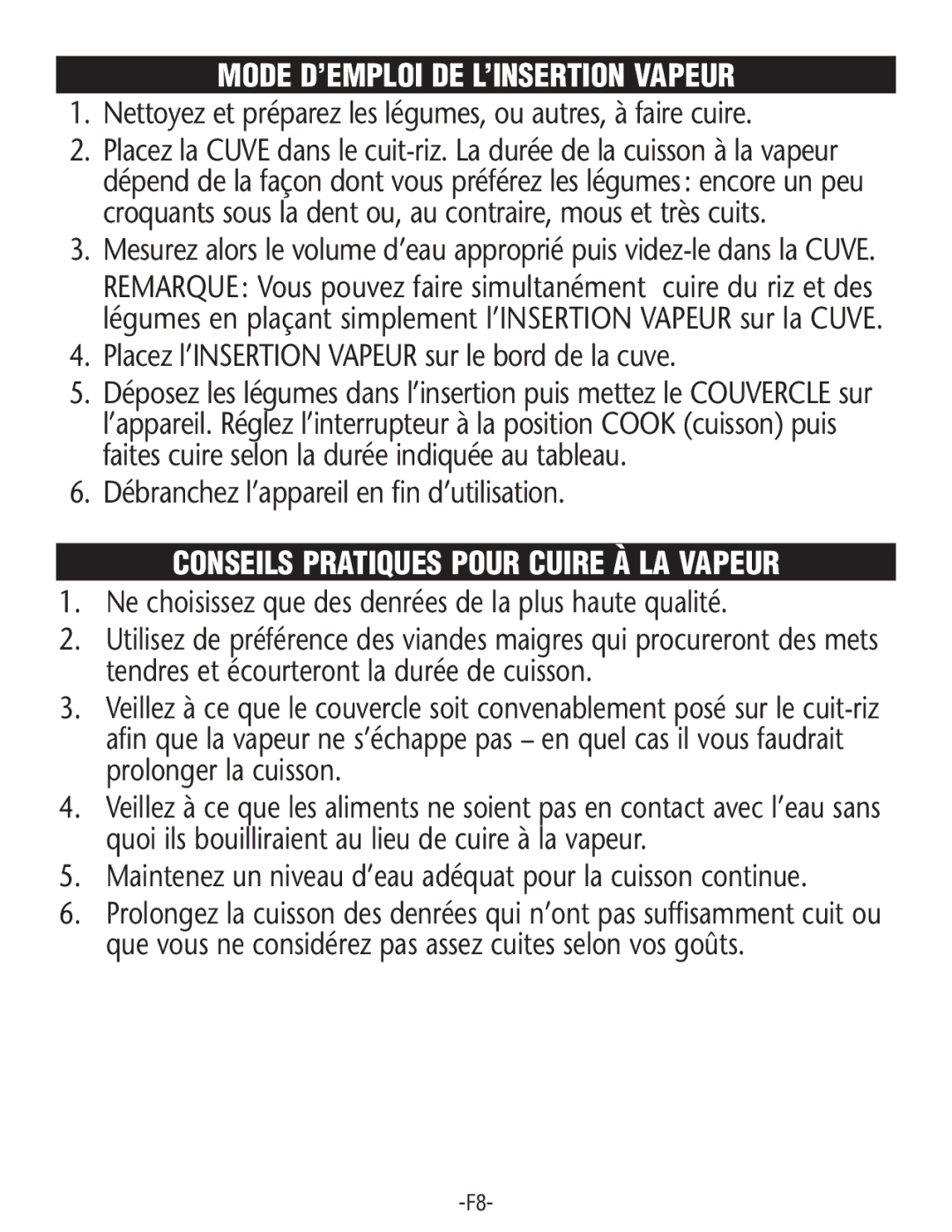 Rival RC100, RC101 manual Mode D’EMPLOI DE L’INSERTION Vapeur, Conseils Pratiques Pour Cuire À LA Vapeur 