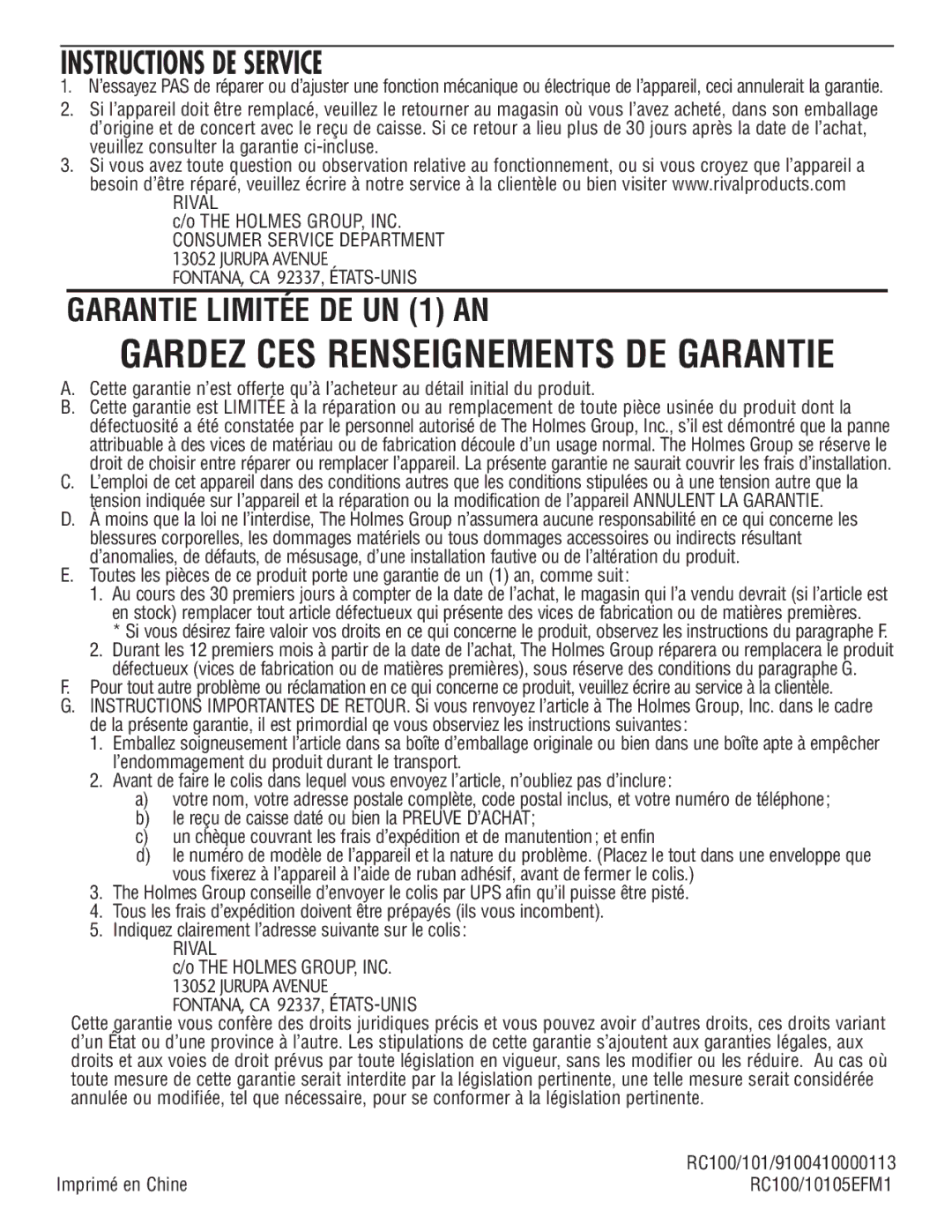 Rival RC100, RC101 manual Gardez CES Renseignements DE Garantie, Instructions DE Service 