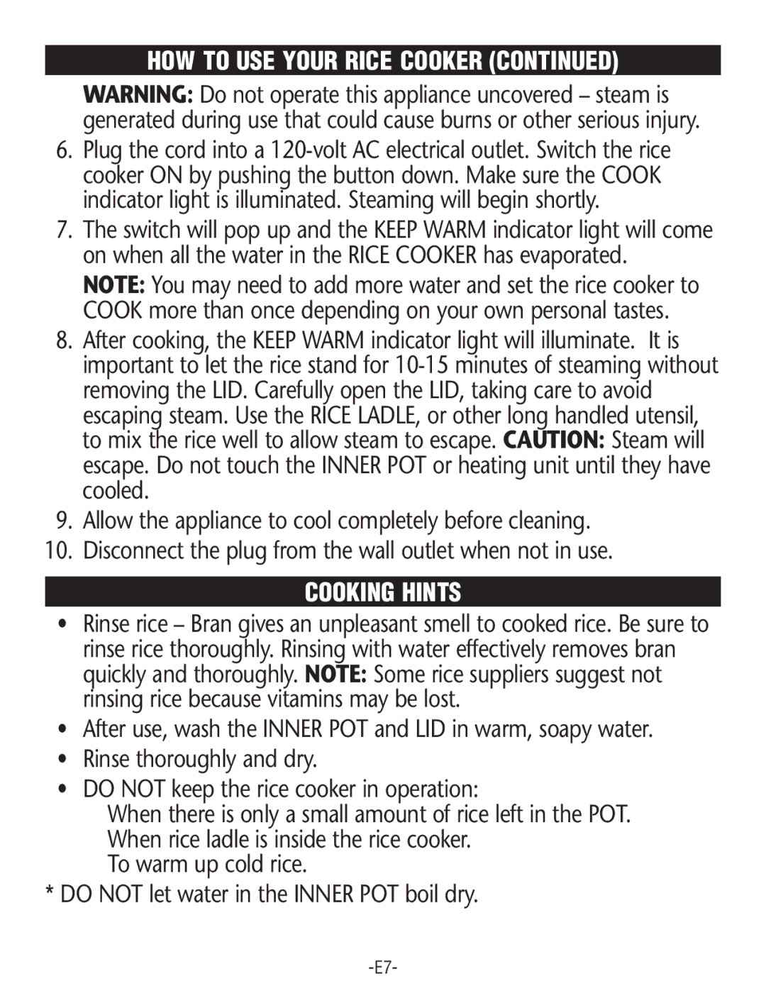 Rival RC101, RC100 manual Cooking Hints 