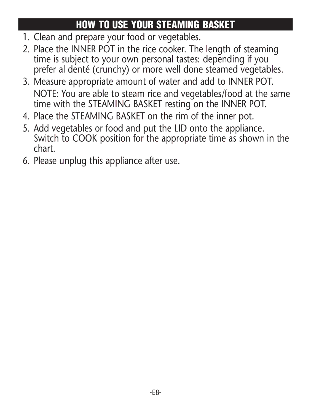 Rival RC100, RC101 manual HOW to USE Your Steaming Basket, Clean and prepare your food or vegetables 