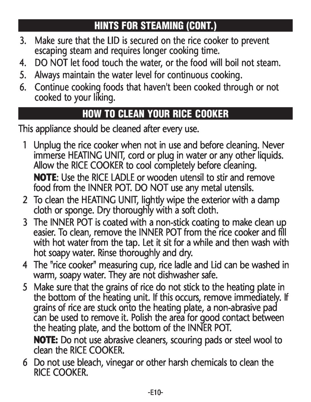 Rival RC100, RC101 manual Hints For Steaming Cont, How To Clean Your Rice Cooker 