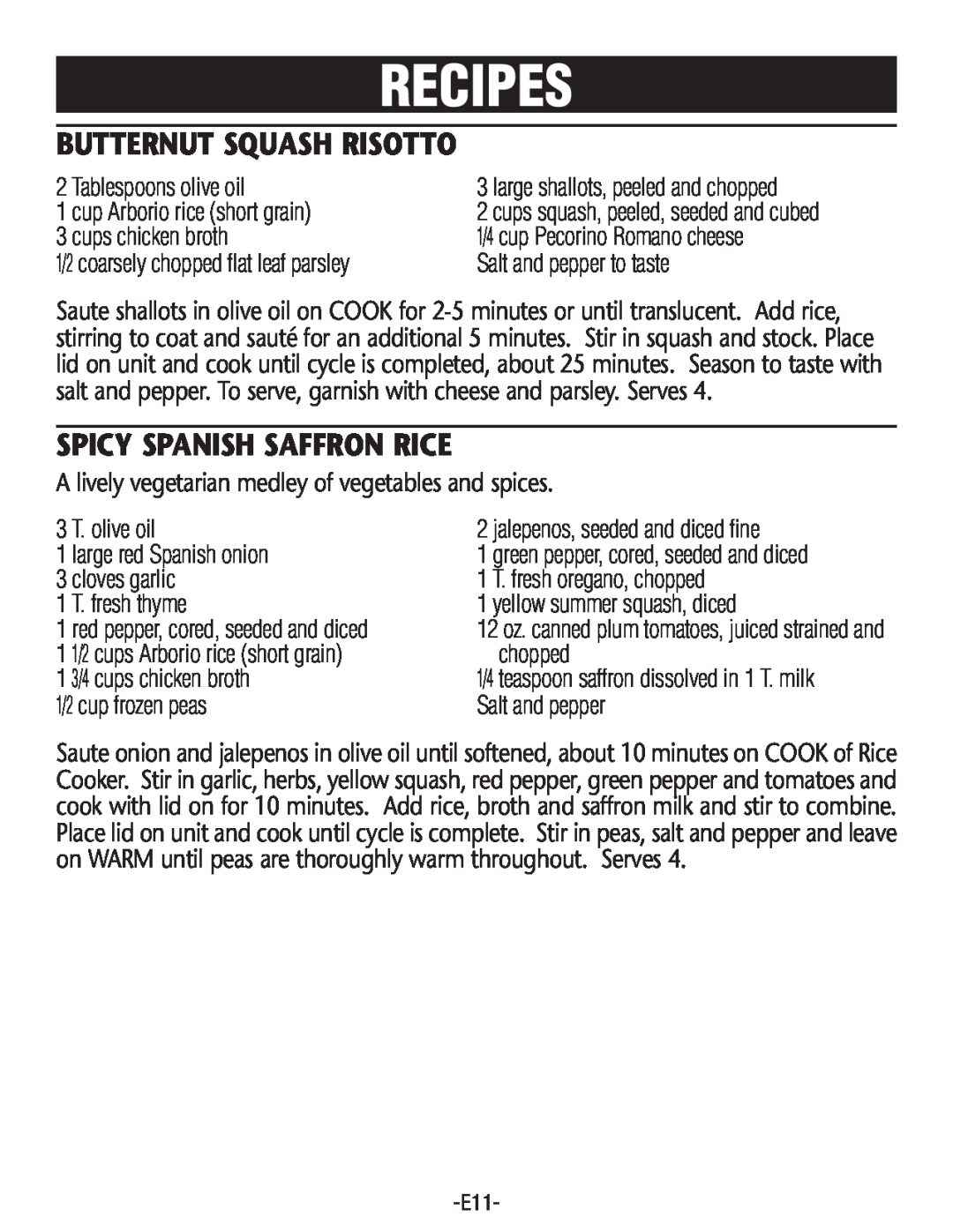 Rival RC101, RC100 manual Recipes, Butternut Squash Risotto, Spicy Spanish Saffron Rice 