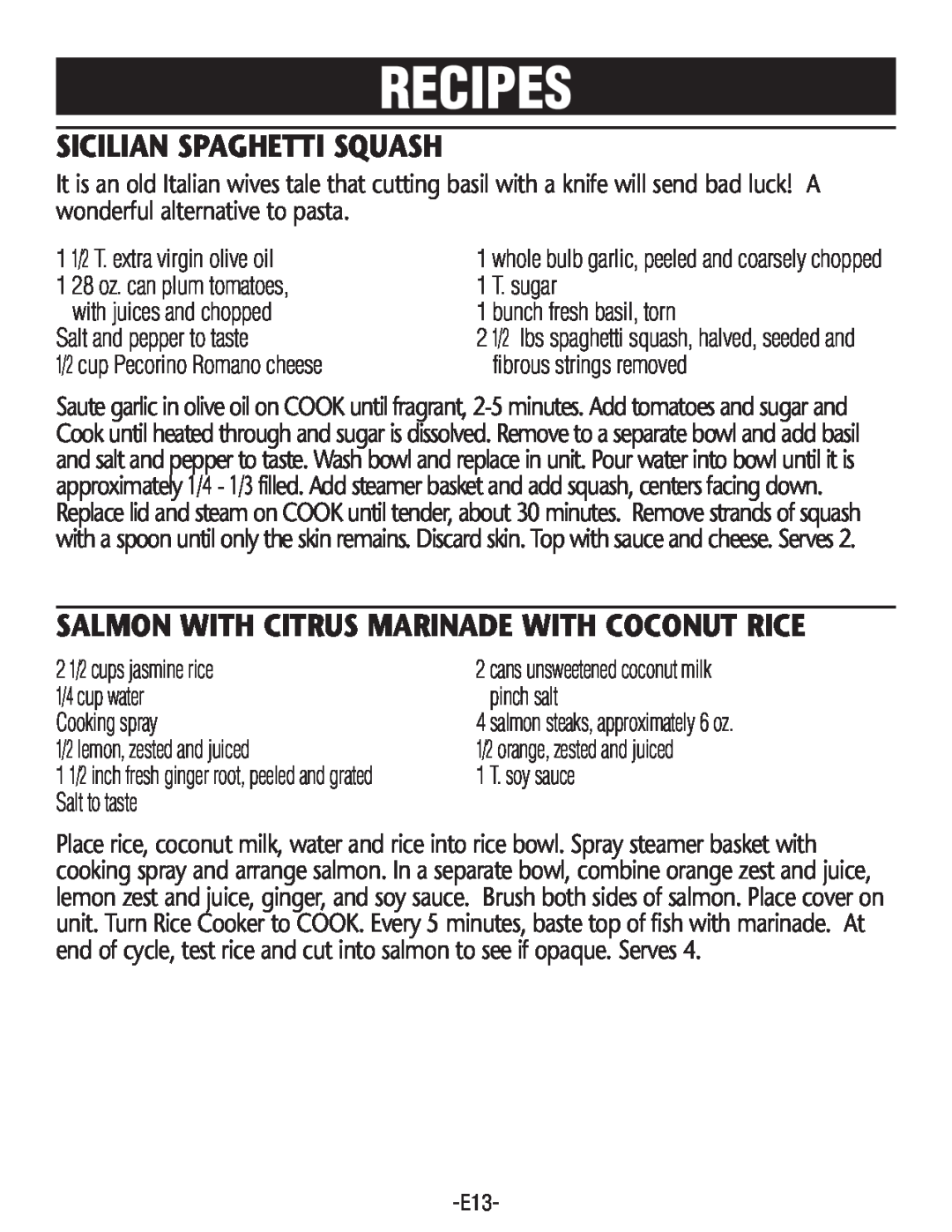 Rival RC101, RC100 manual Sicilian Spaghetti Squash, Salmon With Citrus Marinade With Coconut Rice, Recipes 