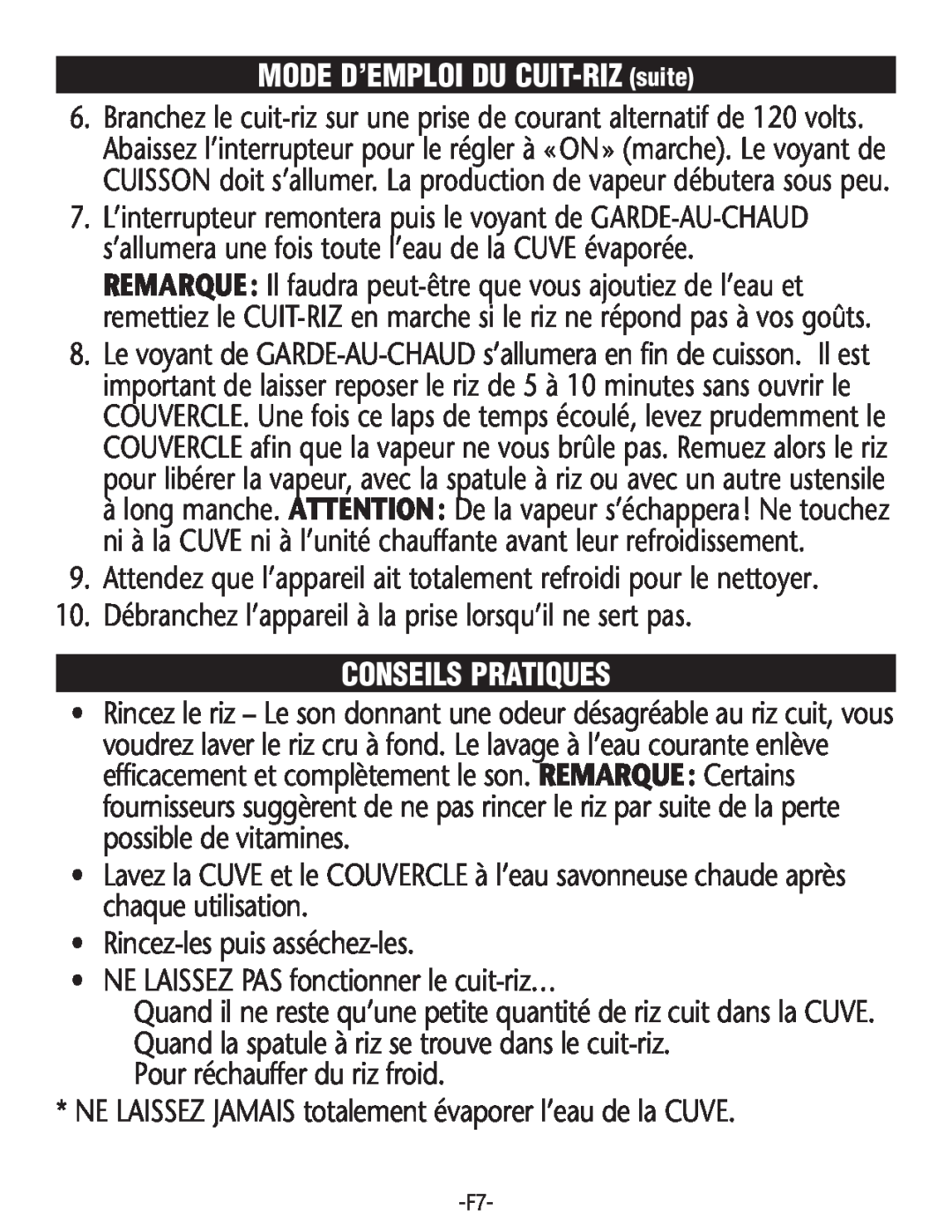 Rival RC101, RC100 manual MODE D’EMPLOI DU CUIT-RIZ suite, Conseils Pratiques 