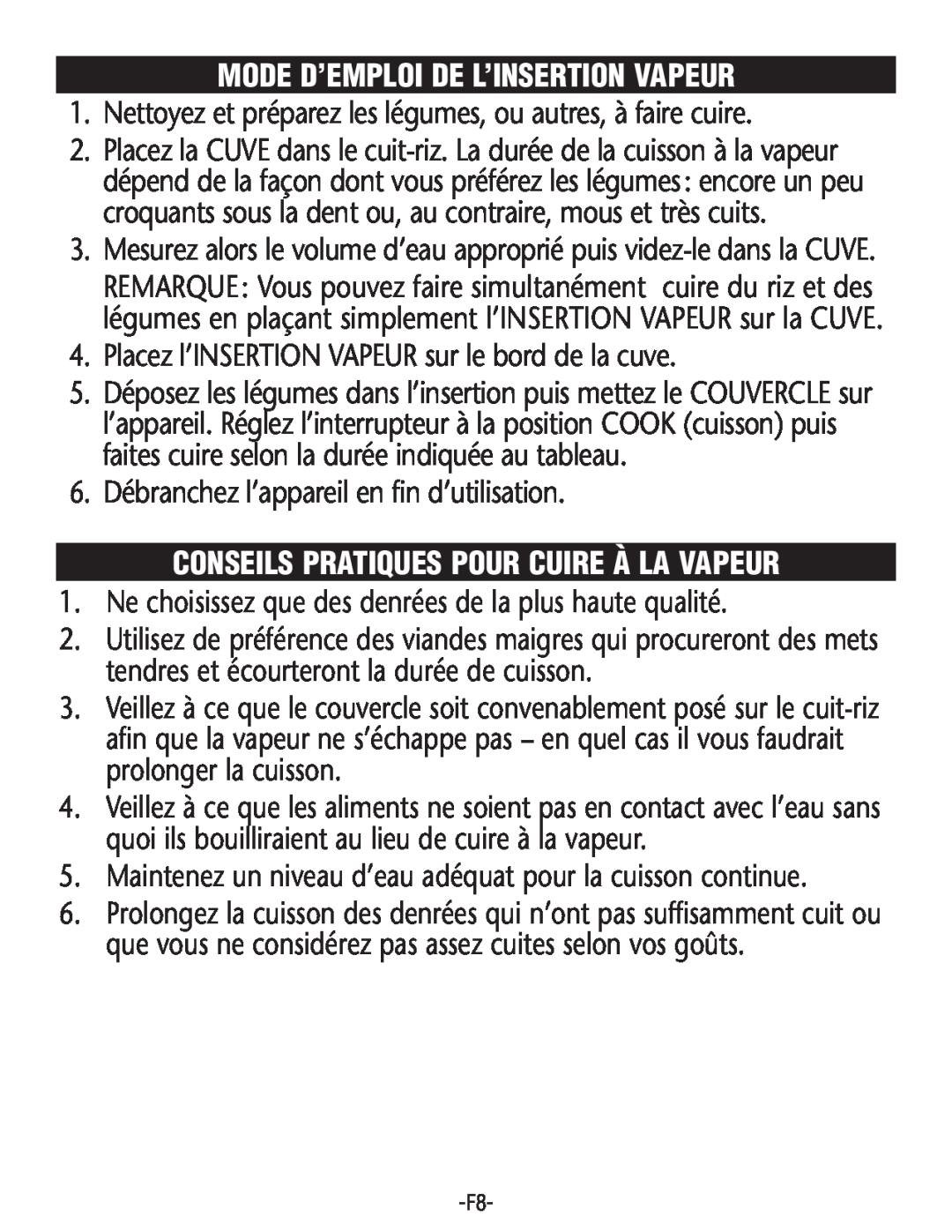 Rival RC100, RC101 manual Mode D’Emploi De L’Insertion Vapeur, Conseils Pratiques Pour Cuire À La Vapeur 