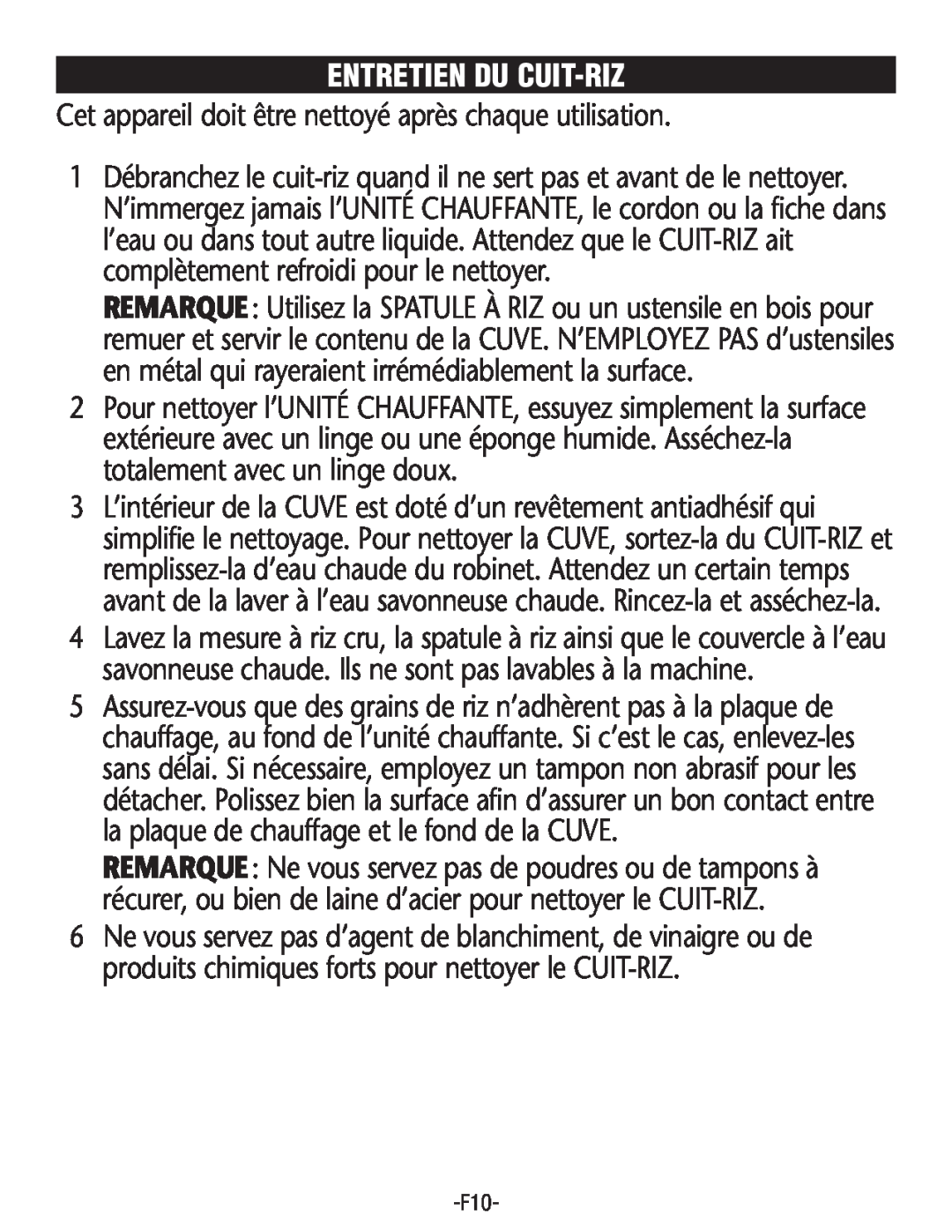 Rival RC100, RC101 manual Entretien Du Cuit-Riz 