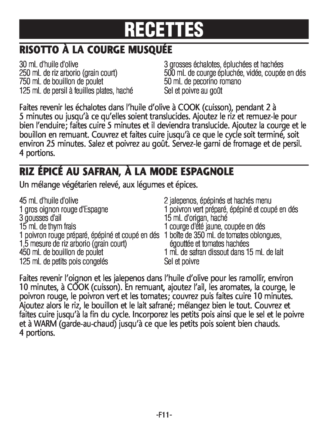 Rival RC101, RC100 manual Recettes, Risotto À La Courge Musquée, Riz Épicé Au Safran, À La Mode Espagnole 