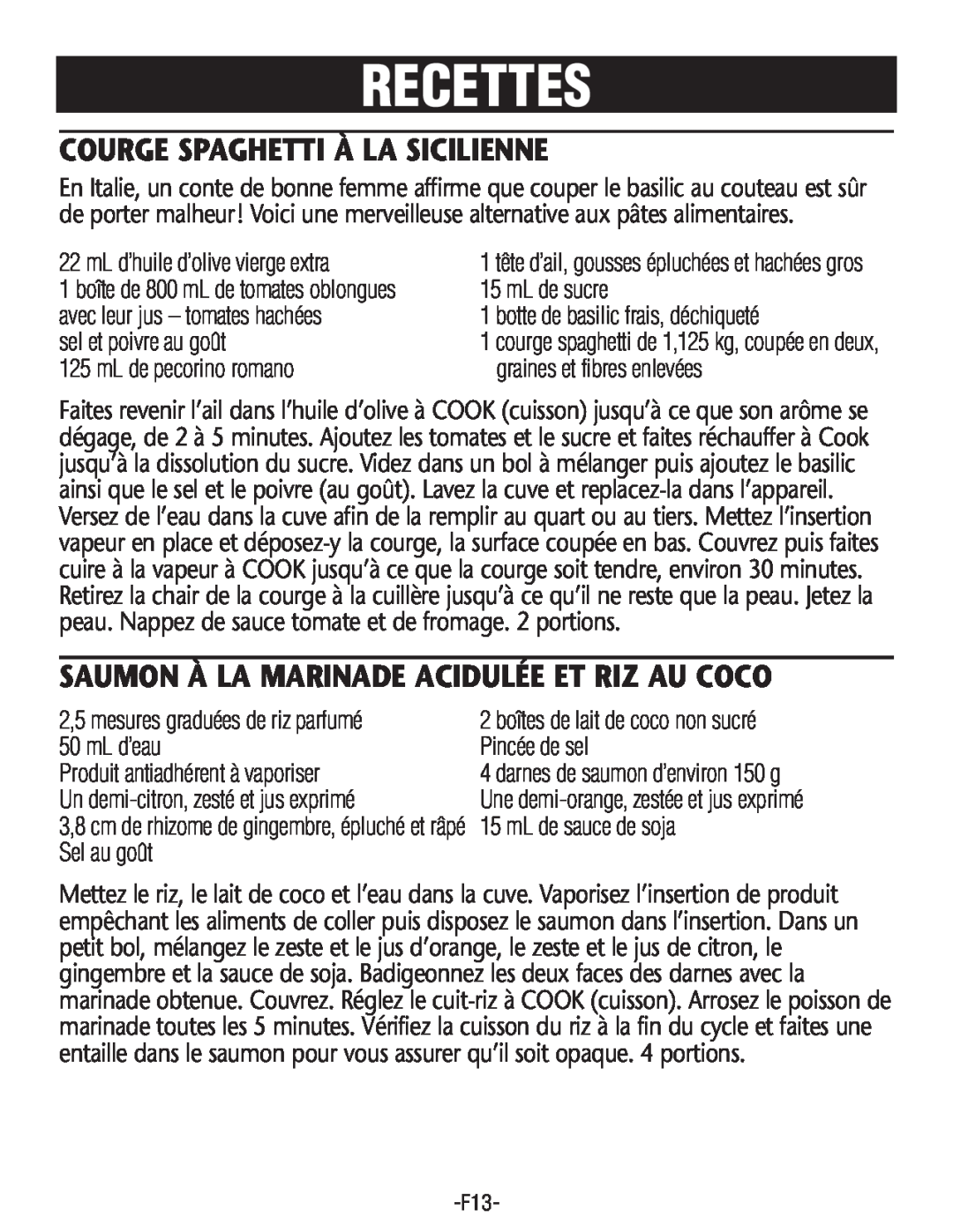 Rival RC101, RC100 manual Courge Spaghetti À La Sicilienne, Saumon À La Marinade Acidulée Et Riz Au Coco, Recettes 