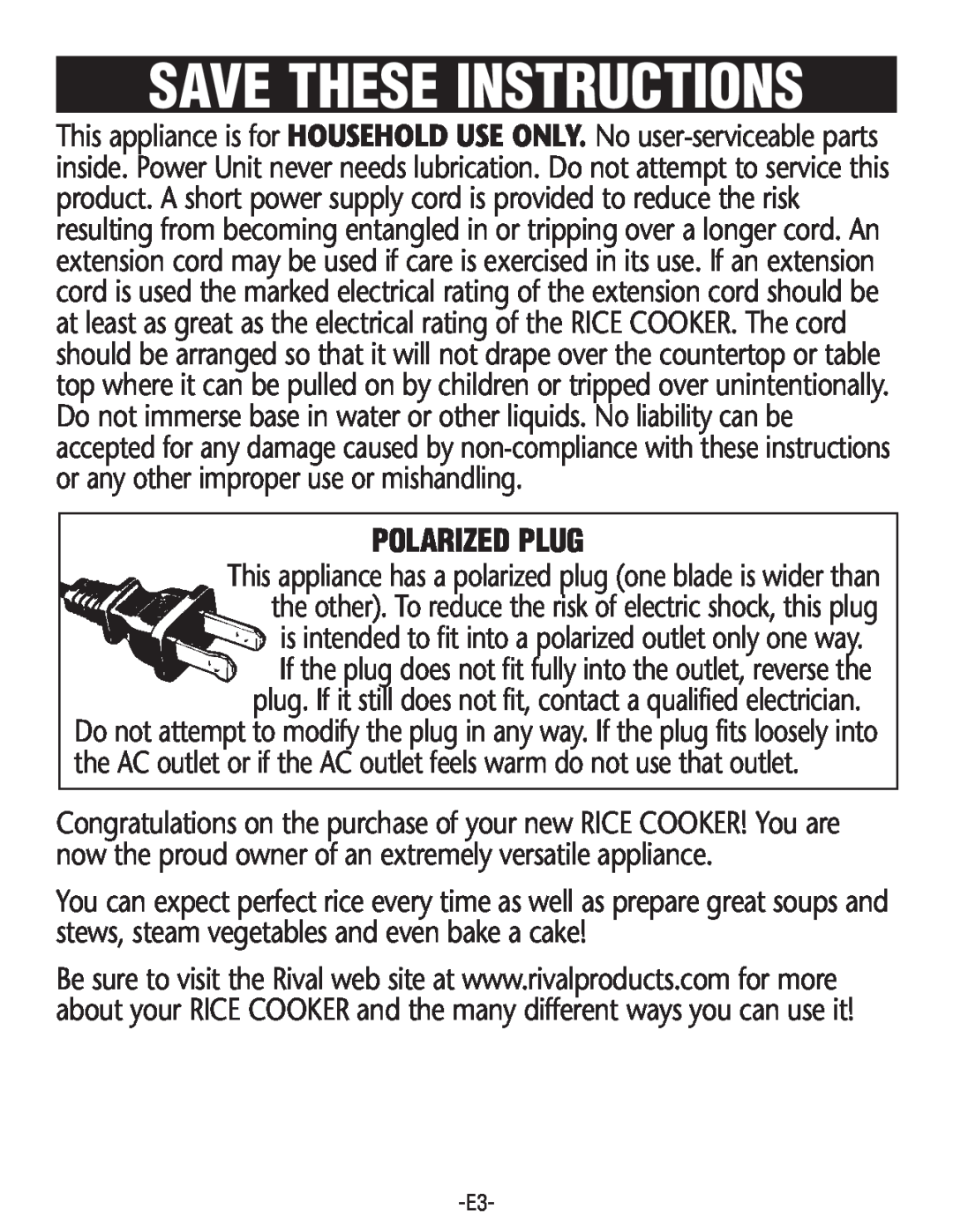 Rival RC101, RC100 manual Save These Instructions, Polarized Plug 