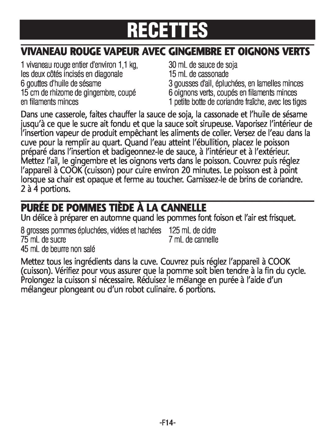 Rival RC100, RC101 manual Purée De Pommestièdeà La Cannelle, Recettes, 2 à 4 portions 