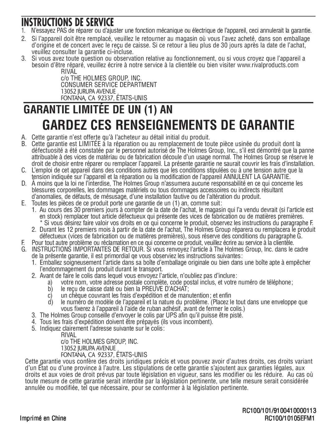 Rival RC100, RC101 manual Instructions De Service, GARANTIE LIMITÉE DE UN 1 AN, Gardez Ces Renseignements De Garantie 