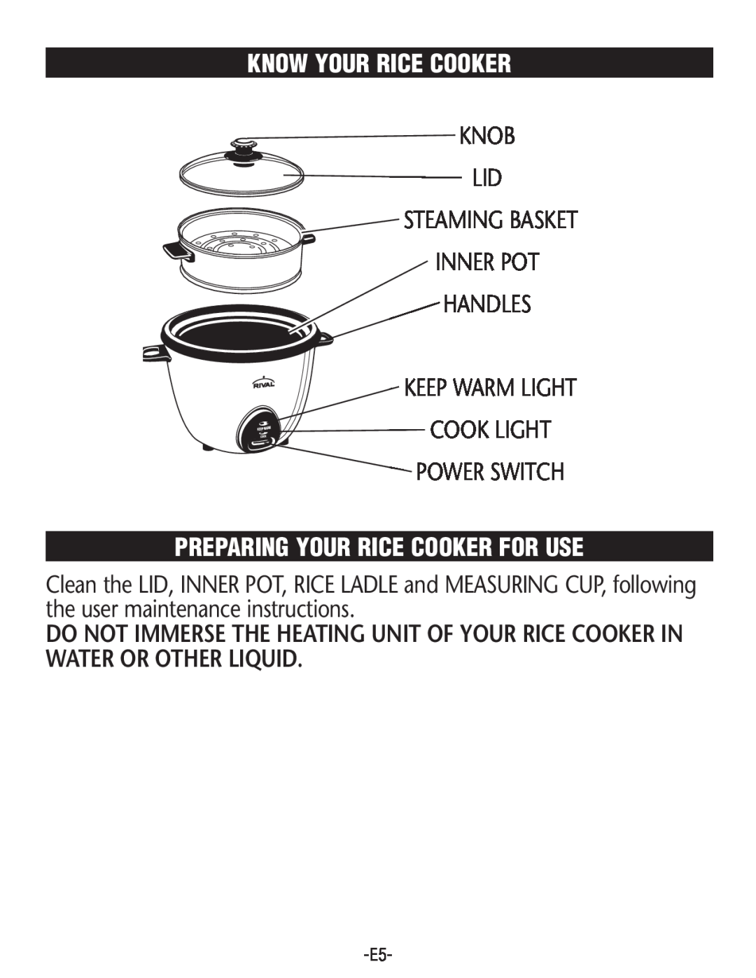 Rival RC101, RC100 Know Your Rice Cooker, Preparing Your Rice Cooker For Use, Knob Lid Steaming Basket Inner Pot Handles 