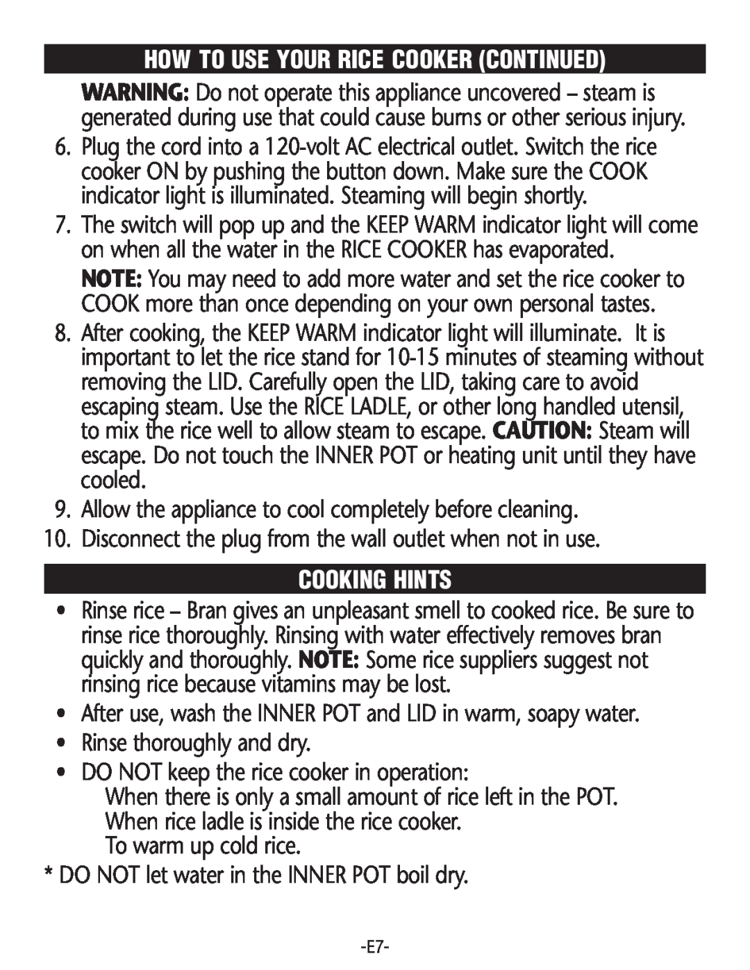 Rival RC101, RC100 How To Use Your Rice Cooker Continued, Cooking Hints, •Rinse thoroughly and dry, To warm up cold rice 