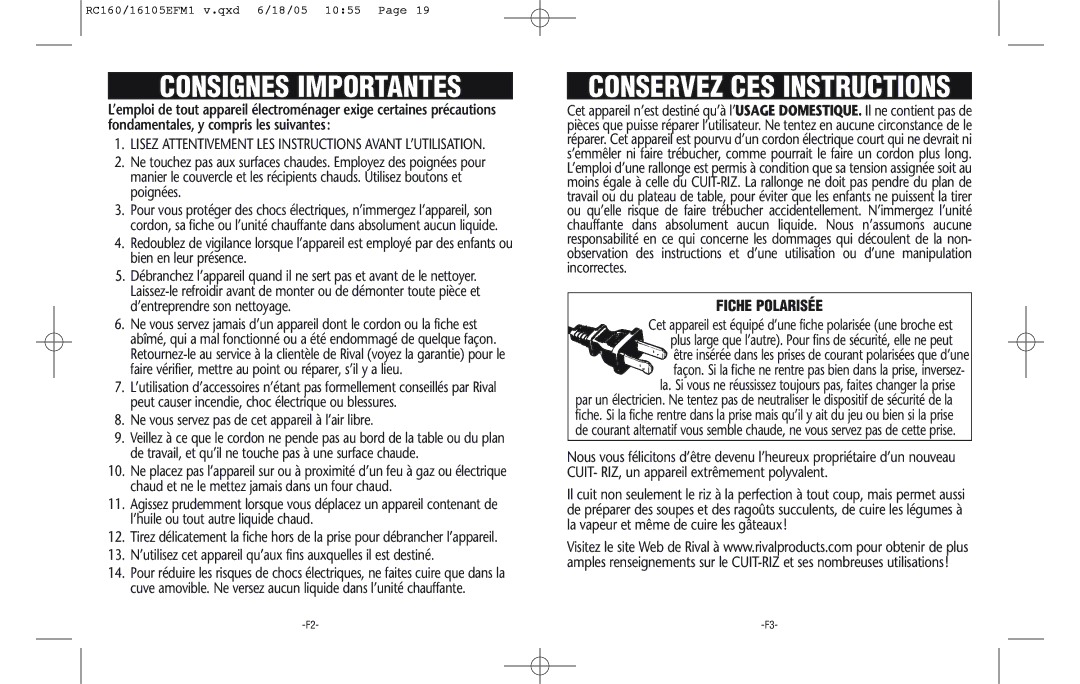 Rival RC161 warranty Consignes Importantes, Ne vous servez pas de cet appareil à l’air libre 