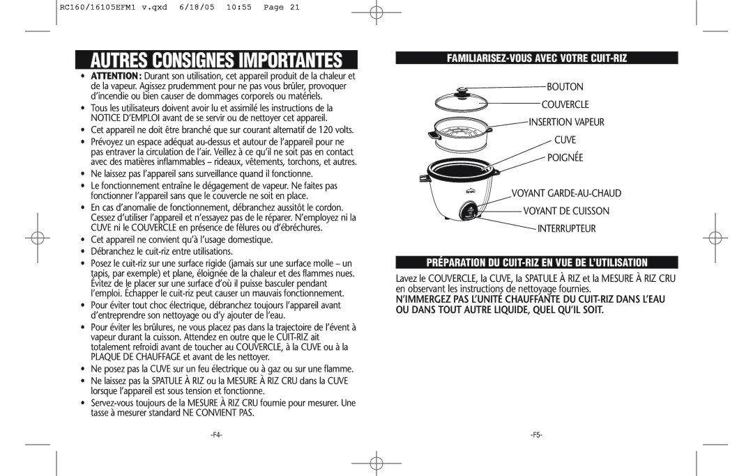 Rival RC161 warranty FAMILIARISEZ-VOUS Avec Votre CUIT-RIZ, Préparation DU CUIT-RIZ EN VUE DE L’UTILISATION 