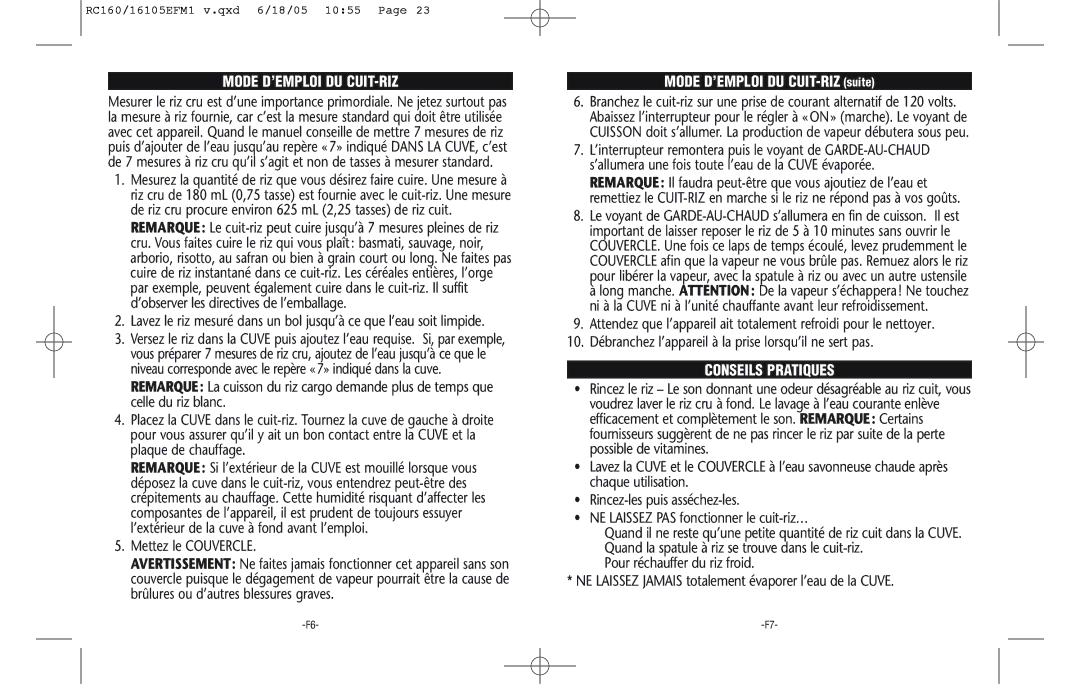 Rival RC161 warranty Mode D’EMPLOI DU CUIT-RIZ, Mettez le Couvercle, Conseils Pratiques 