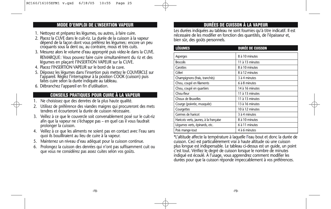 Rival RC161 Mode D’EMPLOI DE L’INSERTION Vapeur, Conseils Pratiques Pour Cuire À LA Vapeur, Durées DE Cuisson À LA Vapeur 