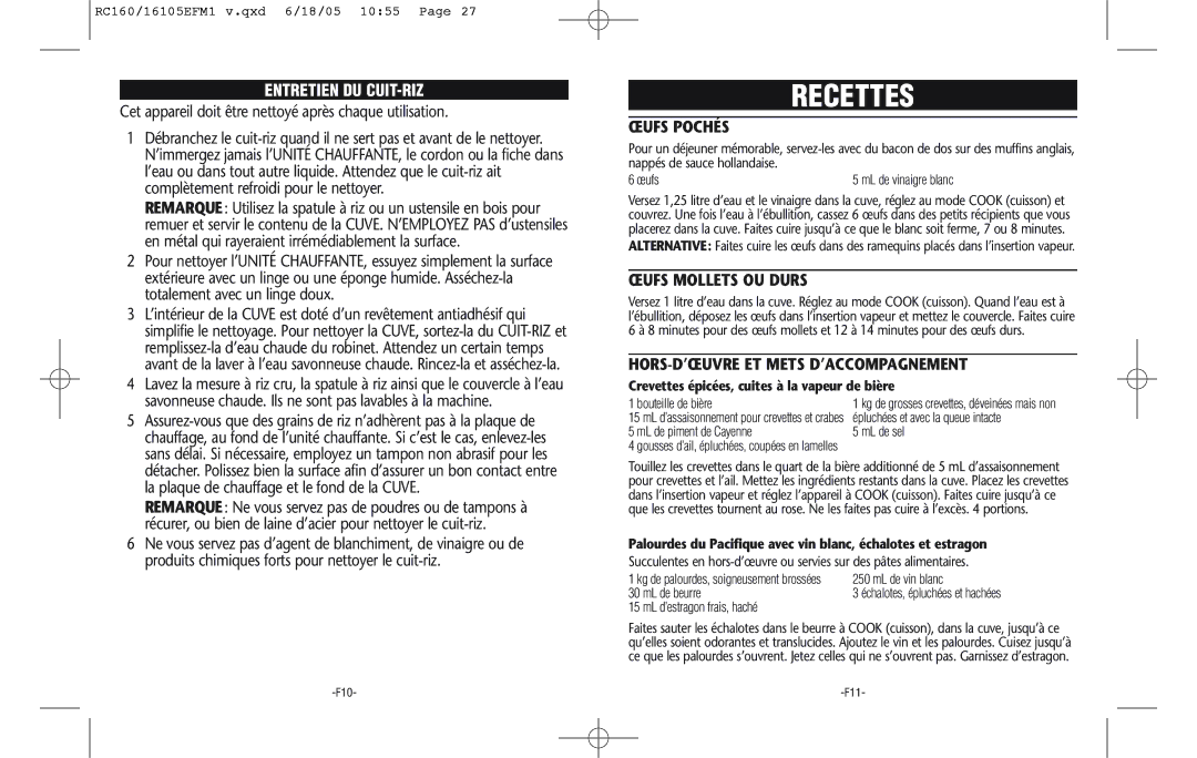 Rival RC161 warranty Entretien DU CUIT-RIZ, Cet appareil doit être nettoyé après chaque utilisation, Œufs Pochés 