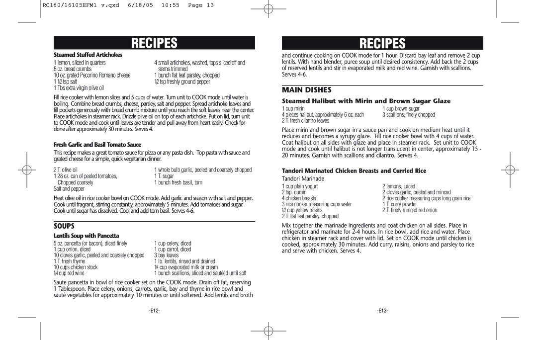 Rival RC161 warranty Soups, Main Dishes 