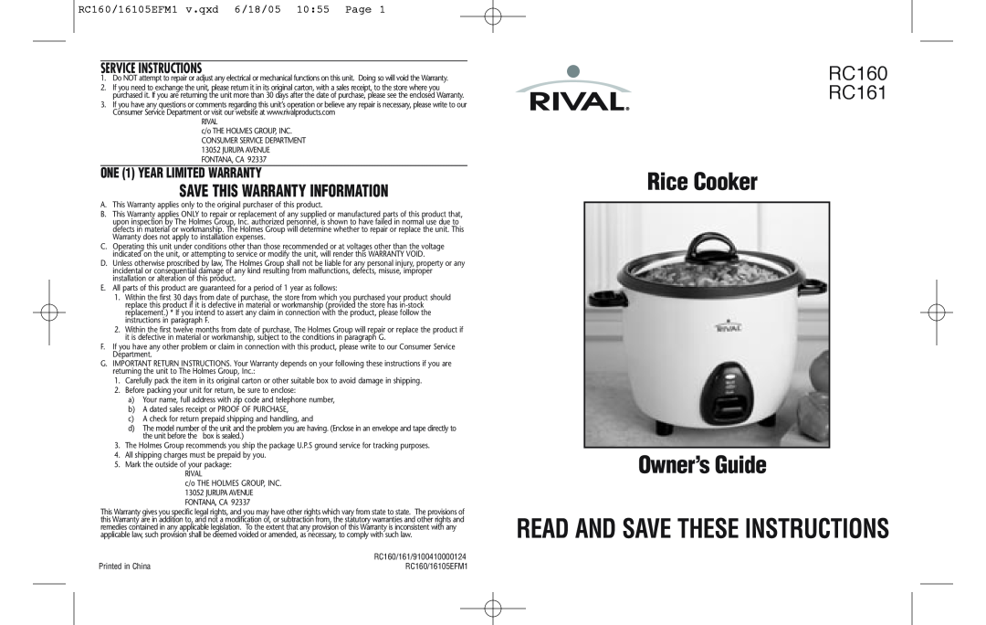 Rival warranty Rice Cooker Owner’s Guide READ AND SAVE THESE INSTRUCTIONS, RC160 RC161, Save This Warranty Information 